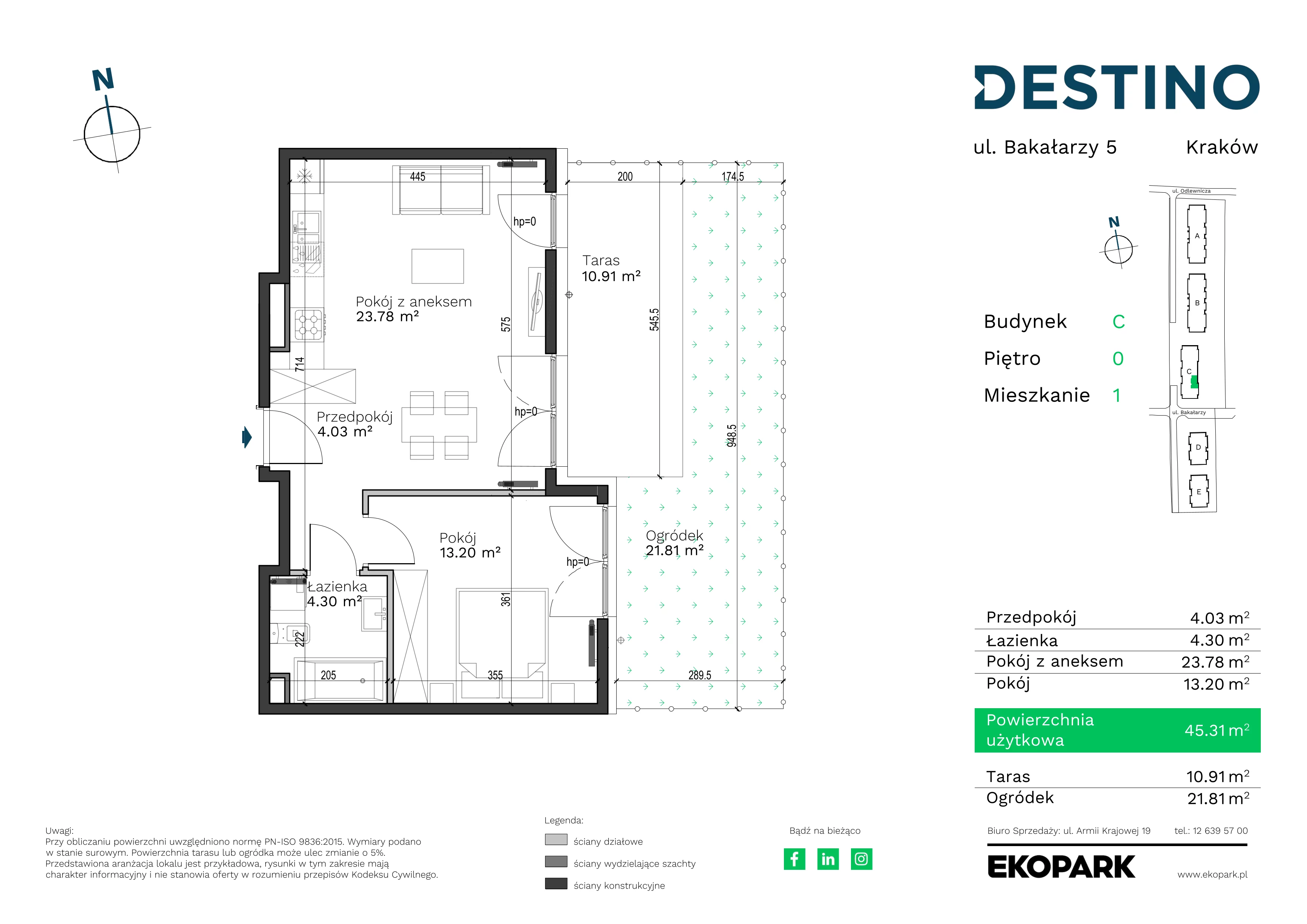 2 pokoje, mieszkanie 45,31 m², parter, oferta nr C-1, Destino, Kraków, Bronowice, Bronowice Małe, ul. Odlewnicza