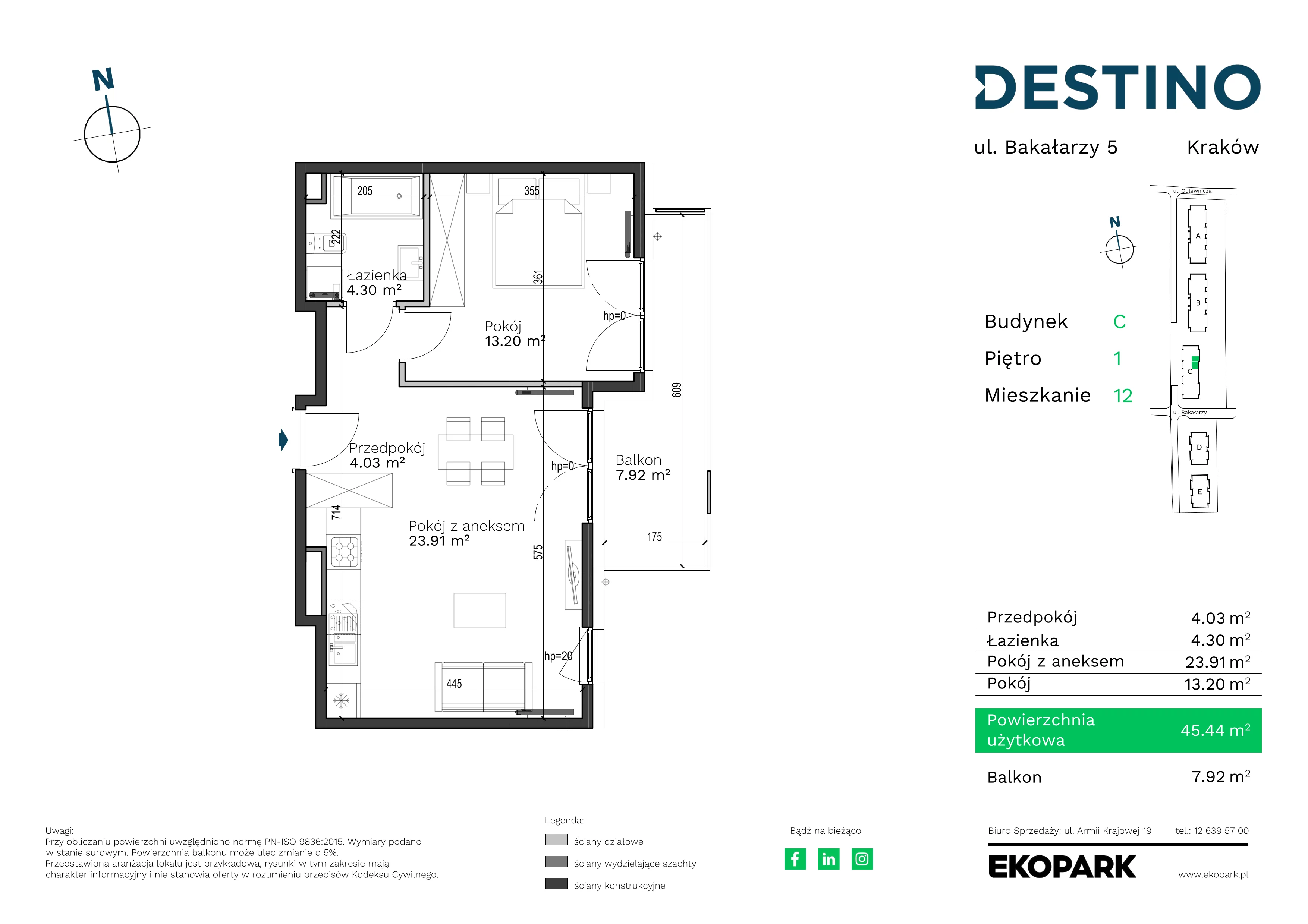 2 pokoje, mieszkanie 45,44 m², piętro 1, oferta nr C-12, Destino, Kraków, Bronowice, Bronowice Małe, ul. Odlewnicza
