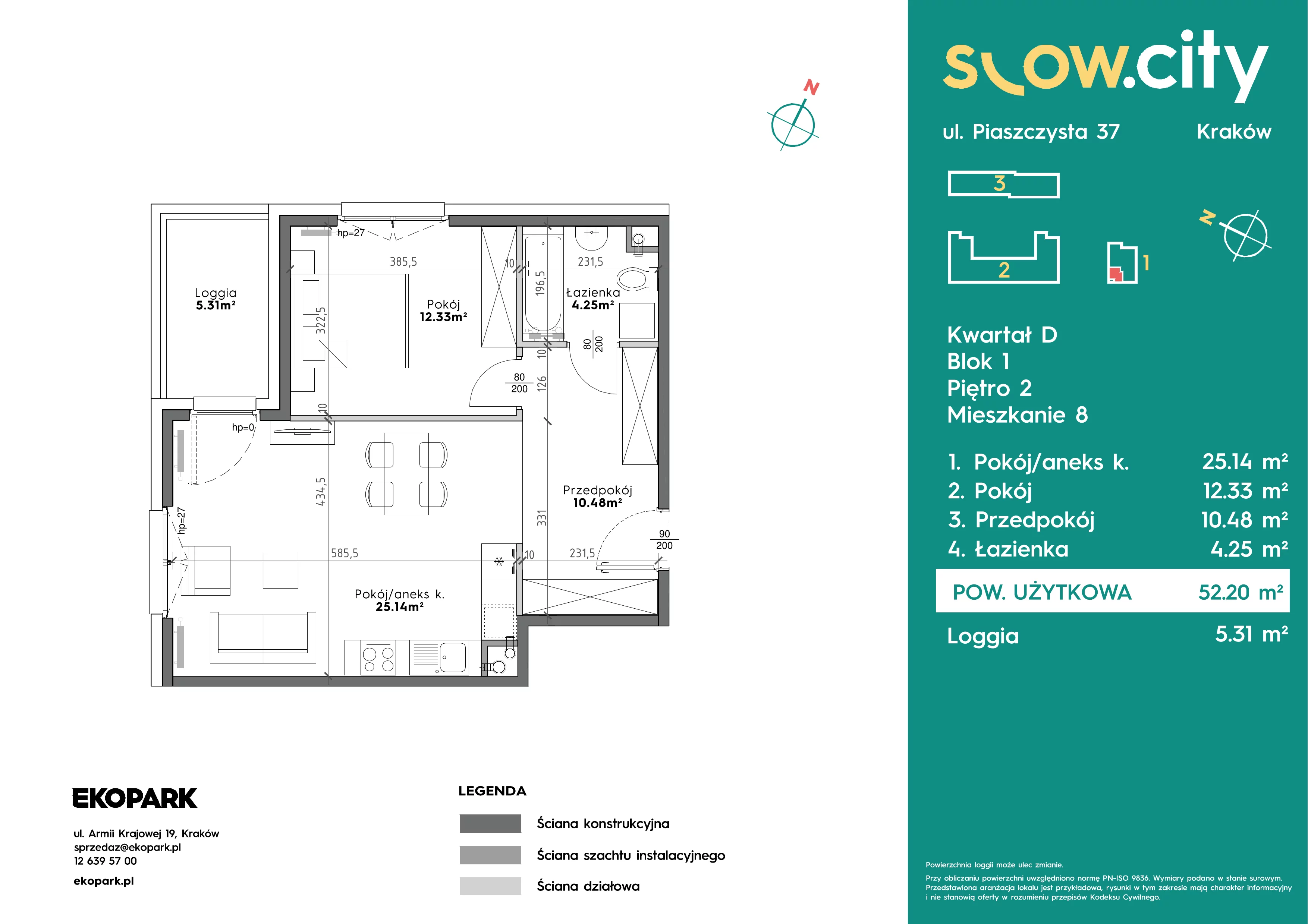 2 pokoje, mieszkanie 52,20 m², piętro 2, oferta nr D1-8, Slow City - Etap D, Kraków, Prądnik Biały, ul. Piaszczysta