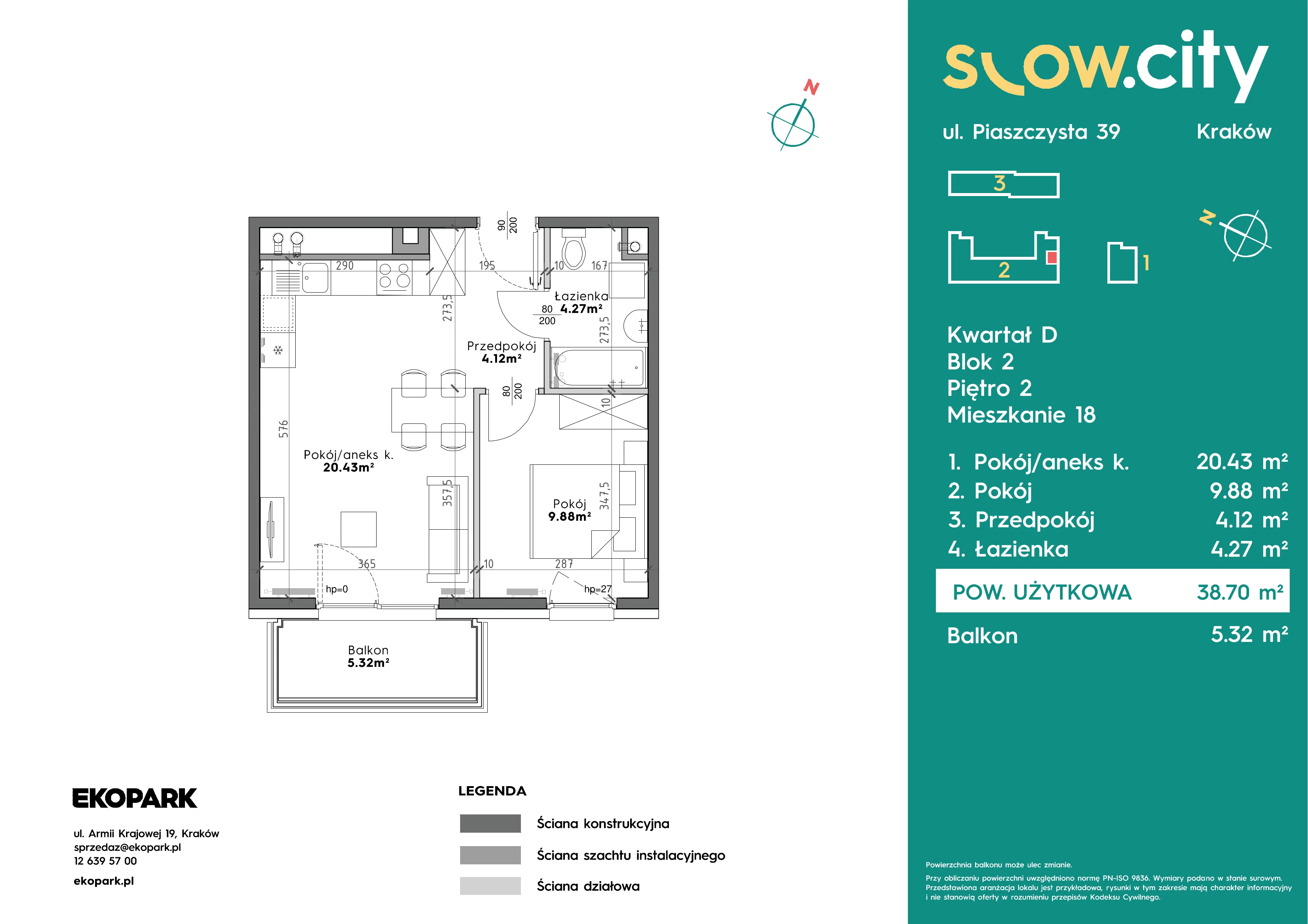 2 pokoje, mieszkanie 38,70 m², piętro 2, oferta nr D2-18, Slow City - Etap D, Kraków, Prądnik Biały, ul. Piaszczysta
