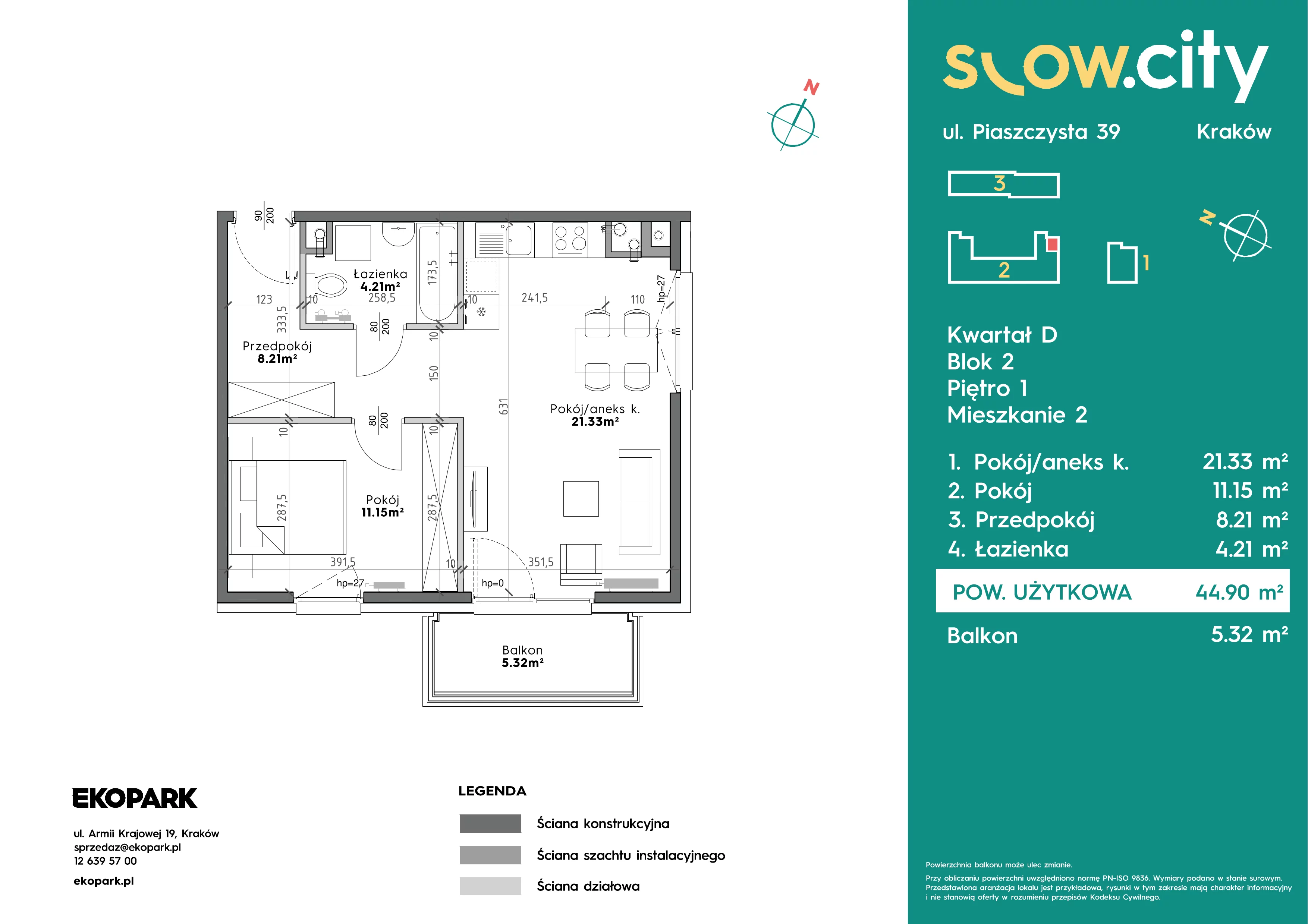 2 pokoje, mieszkanie 44,90 m², piętro 1, oferta nr D2-2, Slow City - Etap D, Kraków, Prądnik Biały, ul. Piaszczysta