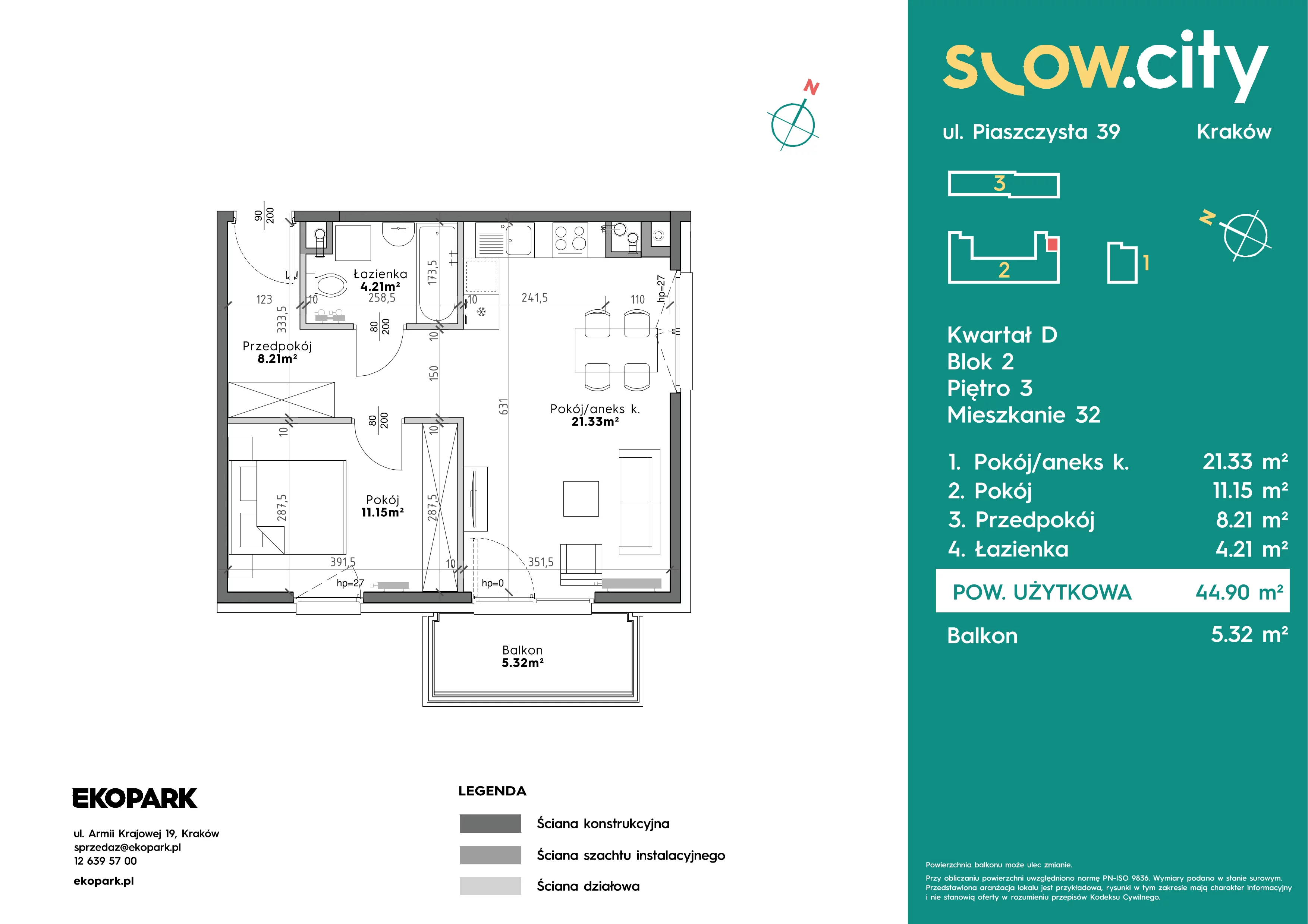 2 pokoje, mieszkanie 44,90 m², piętro 3, oferta nr D2-32, Slow City - Etap D, Kraków, Prądnik Biały, ul. Piaszczysta