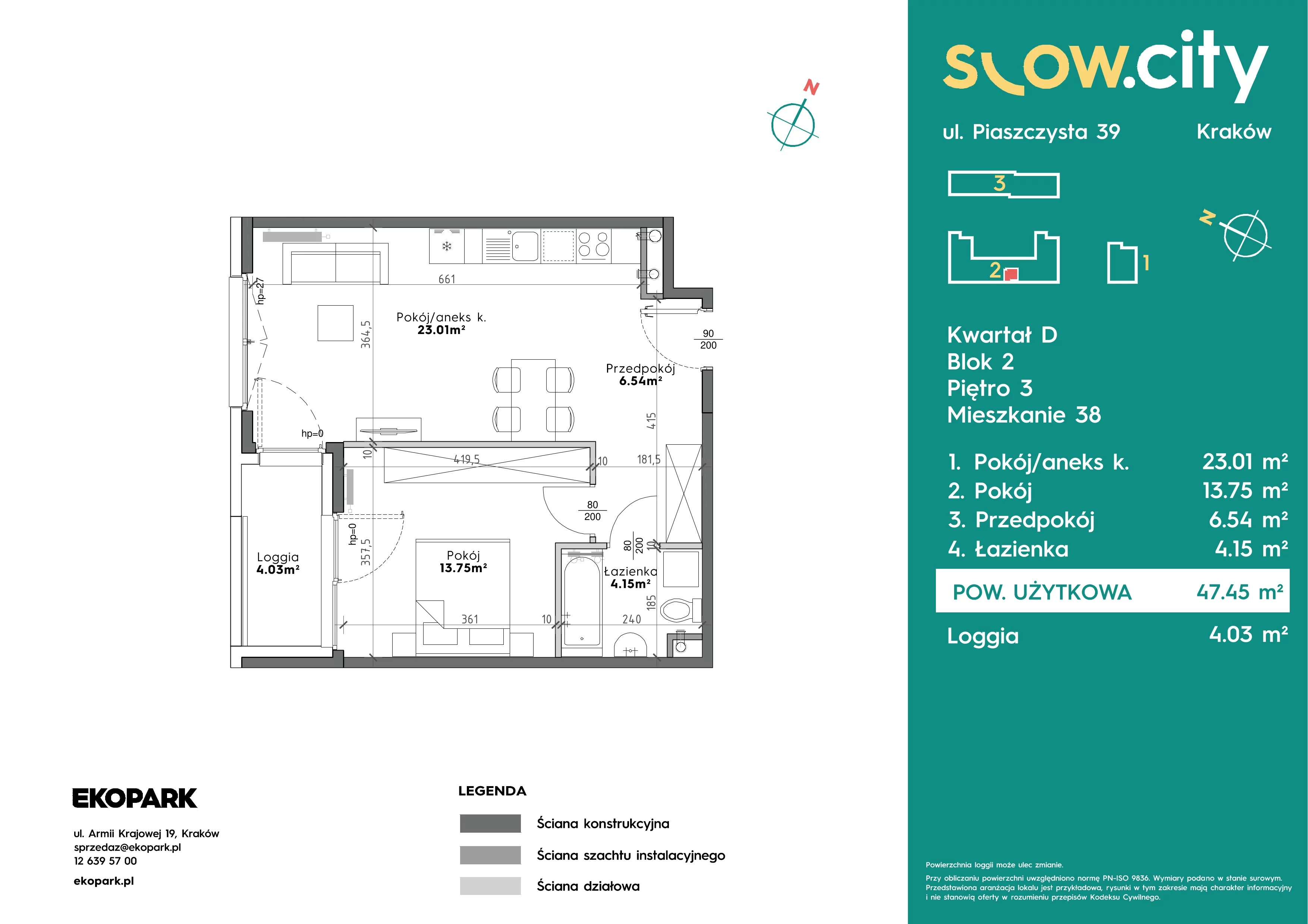 2 pokoje, mieszkanie 47,45 m², piętro 3, oferta nr D2-38, Slow City - Etap D, Kraków, Prądnik Biały, ul. Piaszczysta