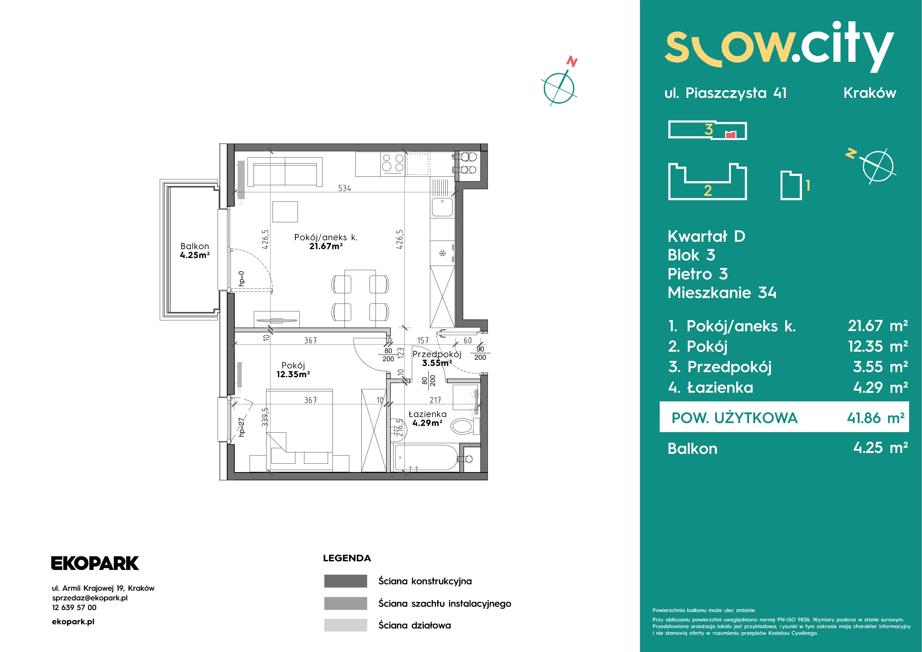 2 pokoje, mieszkanie 41,86 m², piętro 3, oferta nr D3-34, Slow City - Etap D, Kraków, Prądnik Biały, ul. Piaszczysta