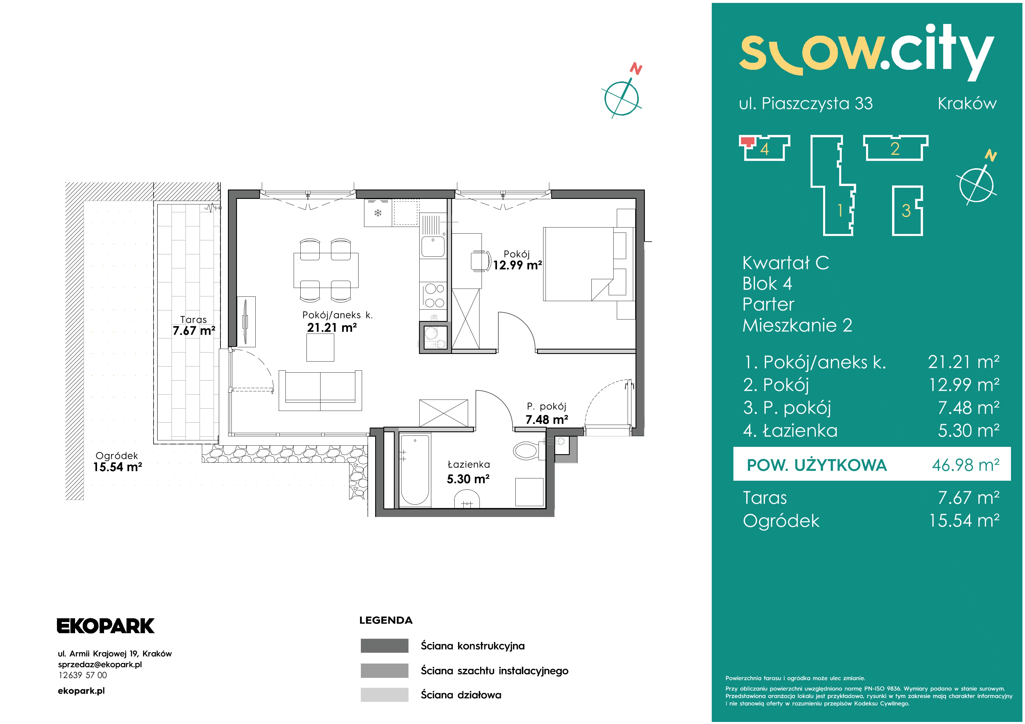 2 pokoje, mieszkanie 46,98 m², parter, oferta nr C4-2, Slow City, Kraków, Prądnik Biały, ul. Piaszczysta