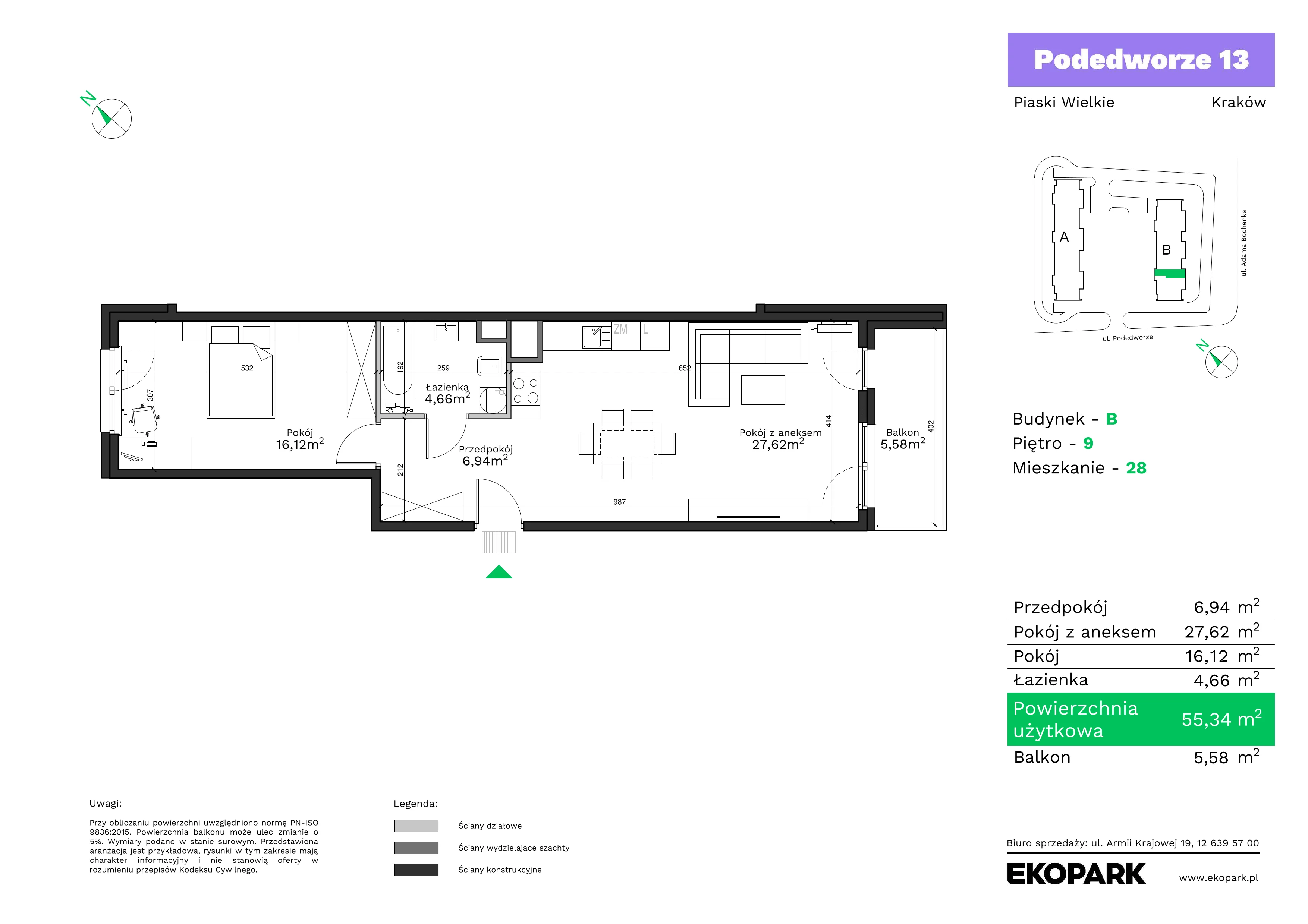 2 pokoje, mieszkanie 55,34 m², piętro 9, oferta nr B28, Podedworze 13, Kraków, Podgórze Duchackie, Piaski Wielkie, ul. Podedworze 13
