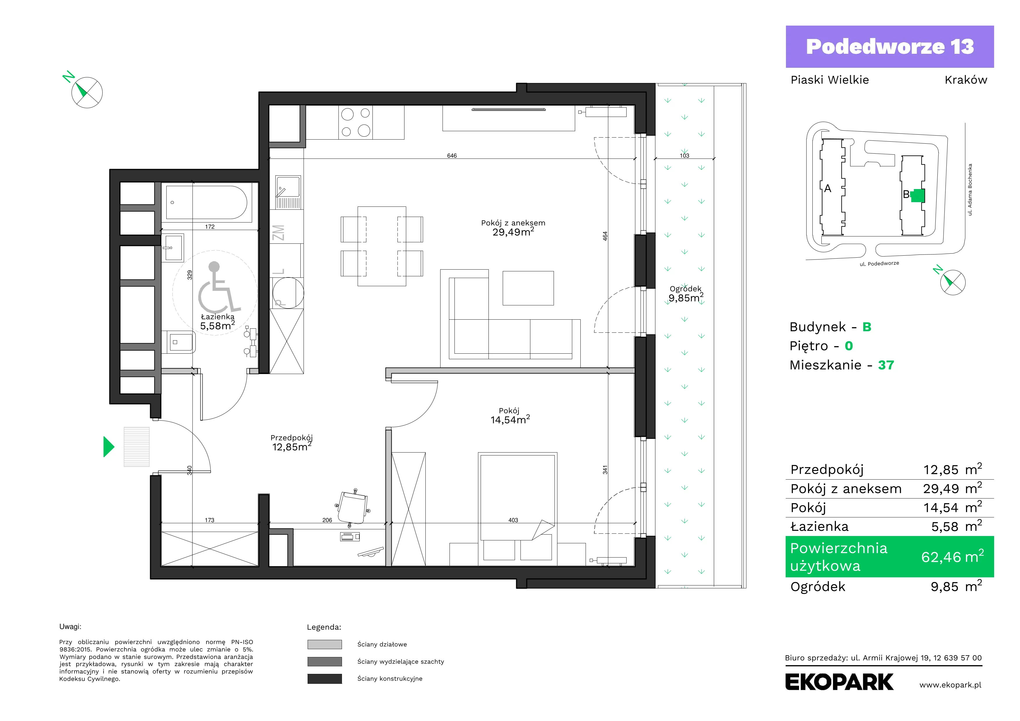 2 pokoje, mieszkanie 62,46 m², parter, oferta nr B37, Podedworze 13, Kraków, Podgórze Duchackie, Piaski Wielkie, ul. Podedworze 13