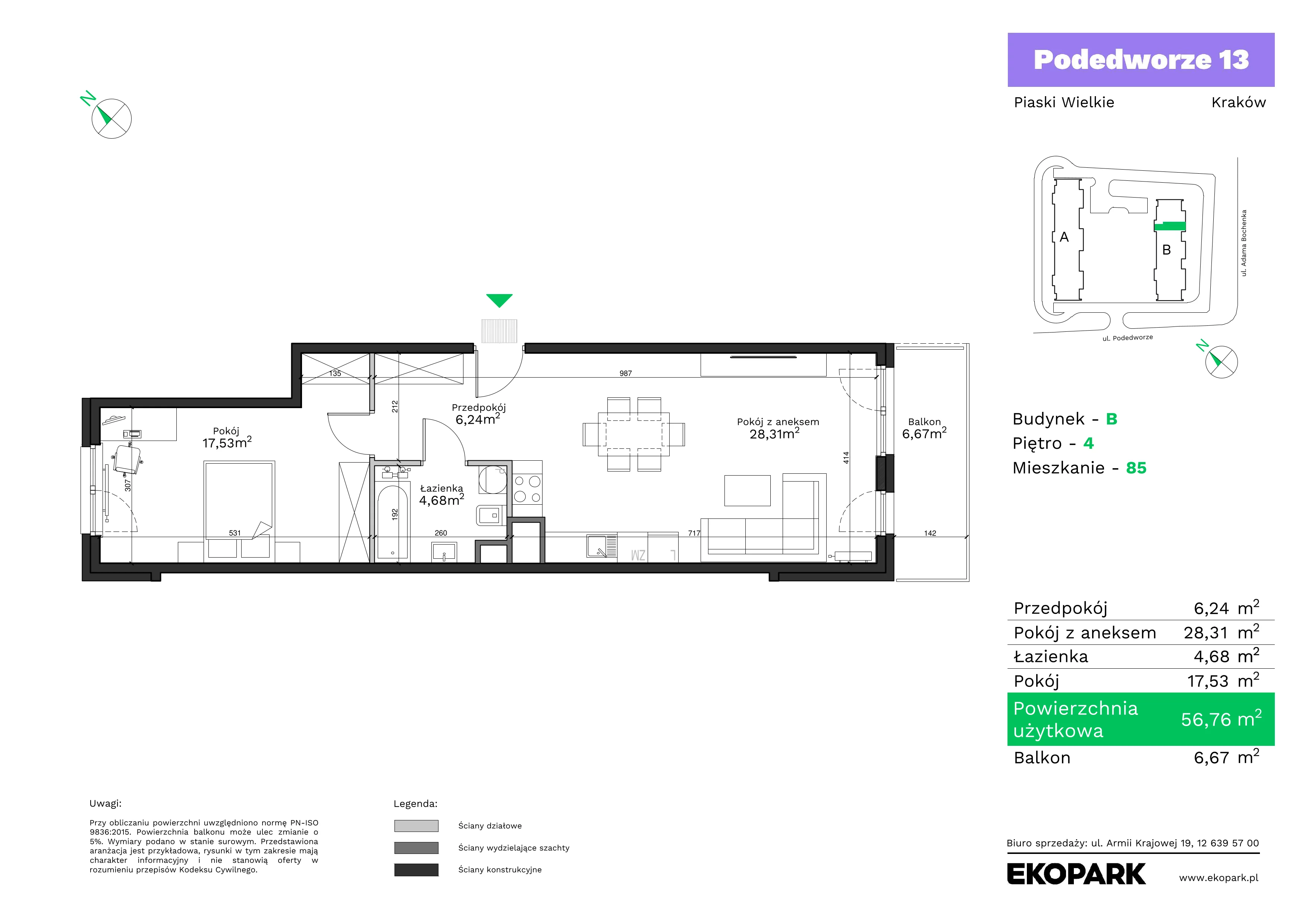 2 pokoje, mieszkanie 56,76 m², piętro 4, oferta nr B85, Podedworze 13, Kraków, Podgórze Duchackie, Piaski Wielkie, ul. Podedworze 13