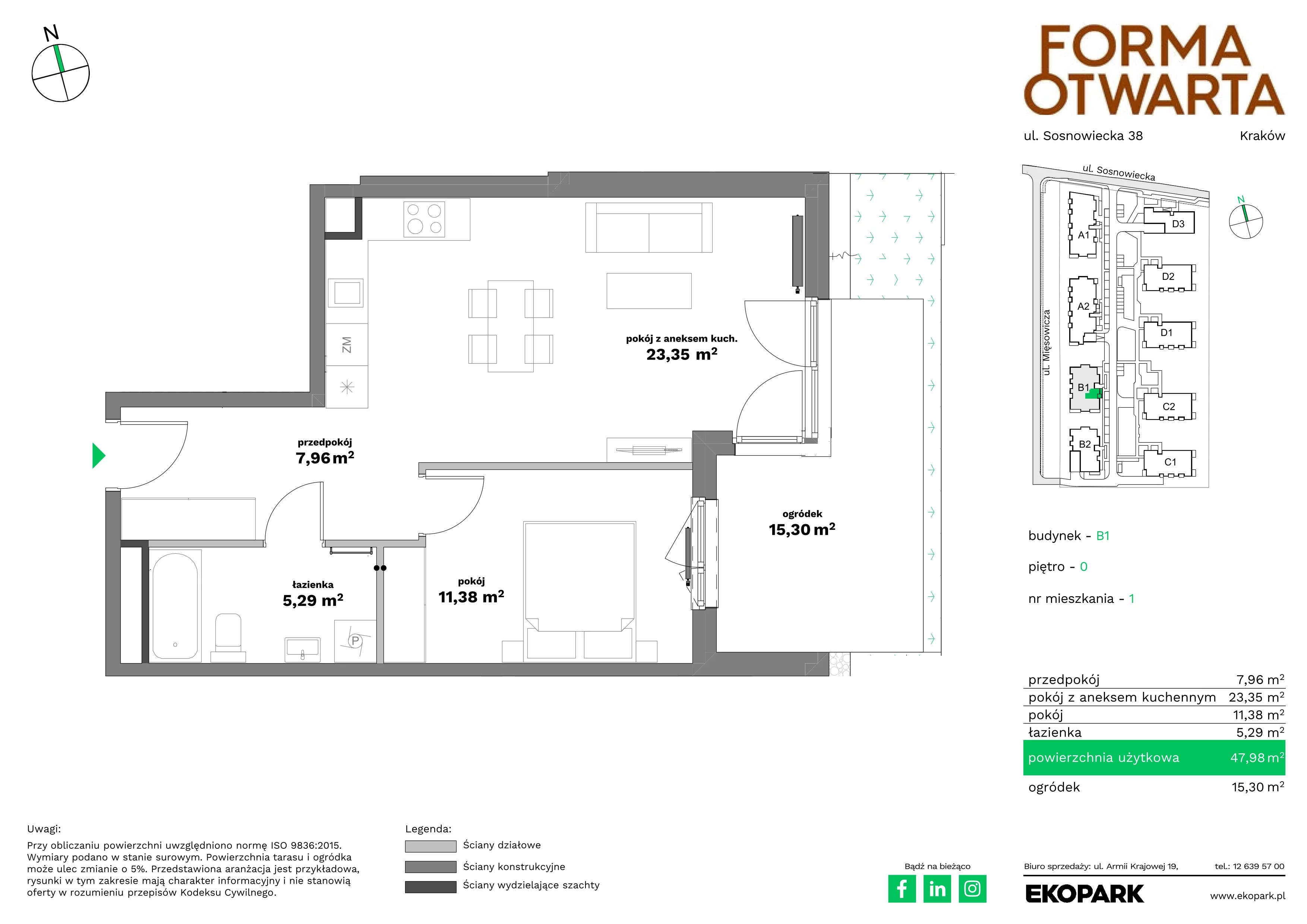2 pokoje, mieszkanie 47,98 m², parter, oferta nr B1-1, Forma Otwarta - Etap B, Kraków, Bronowice, Bronowice Wielkie, ul. Sosnowiecka