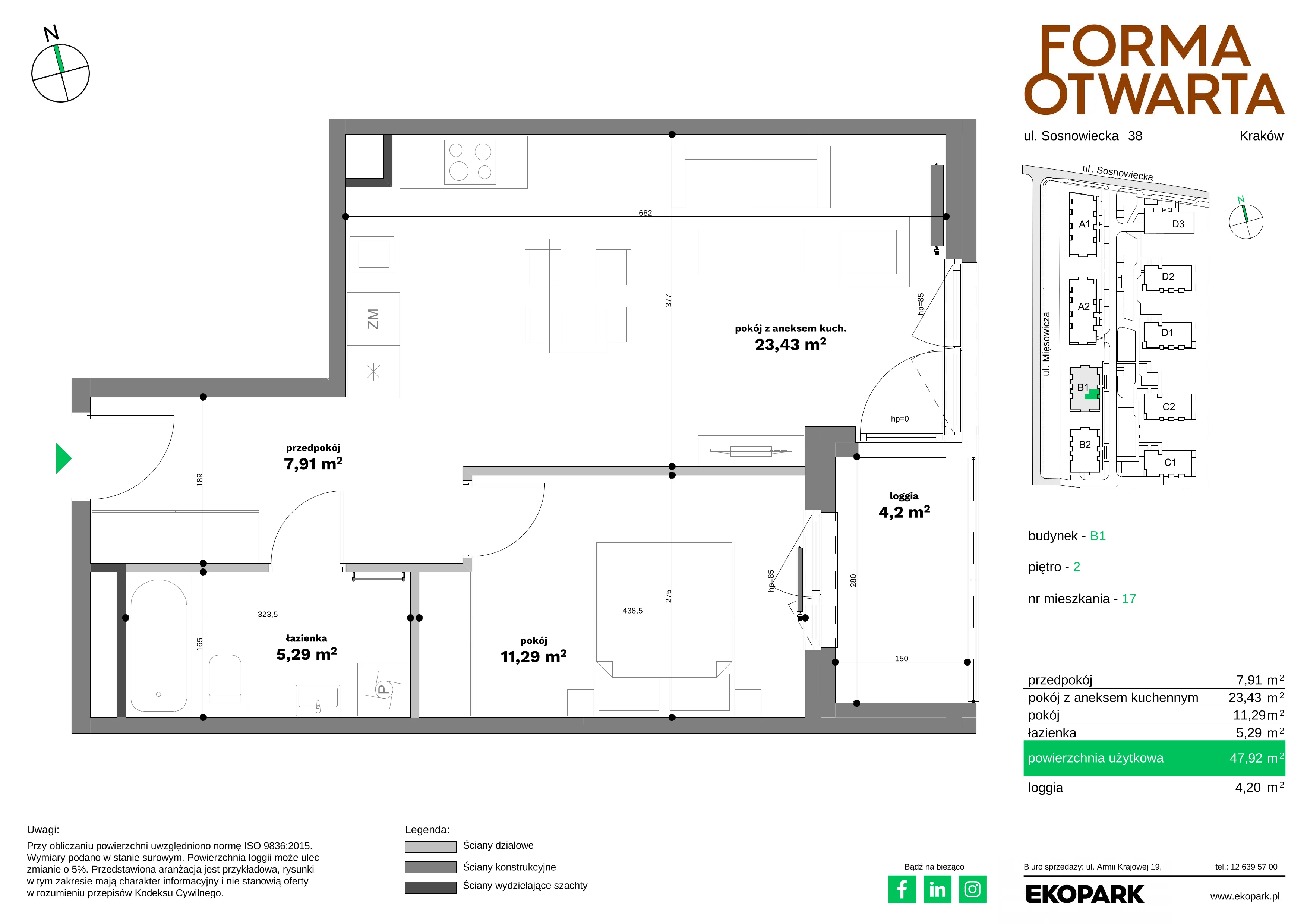 2 pokoje, mieszkanie 47,92 m², piętro 2, oferta nr B1-17, Forma Otwarta - Etap B, Kraków, Bronowice, Bronowice Wielkie, ul. Sosnowiecka