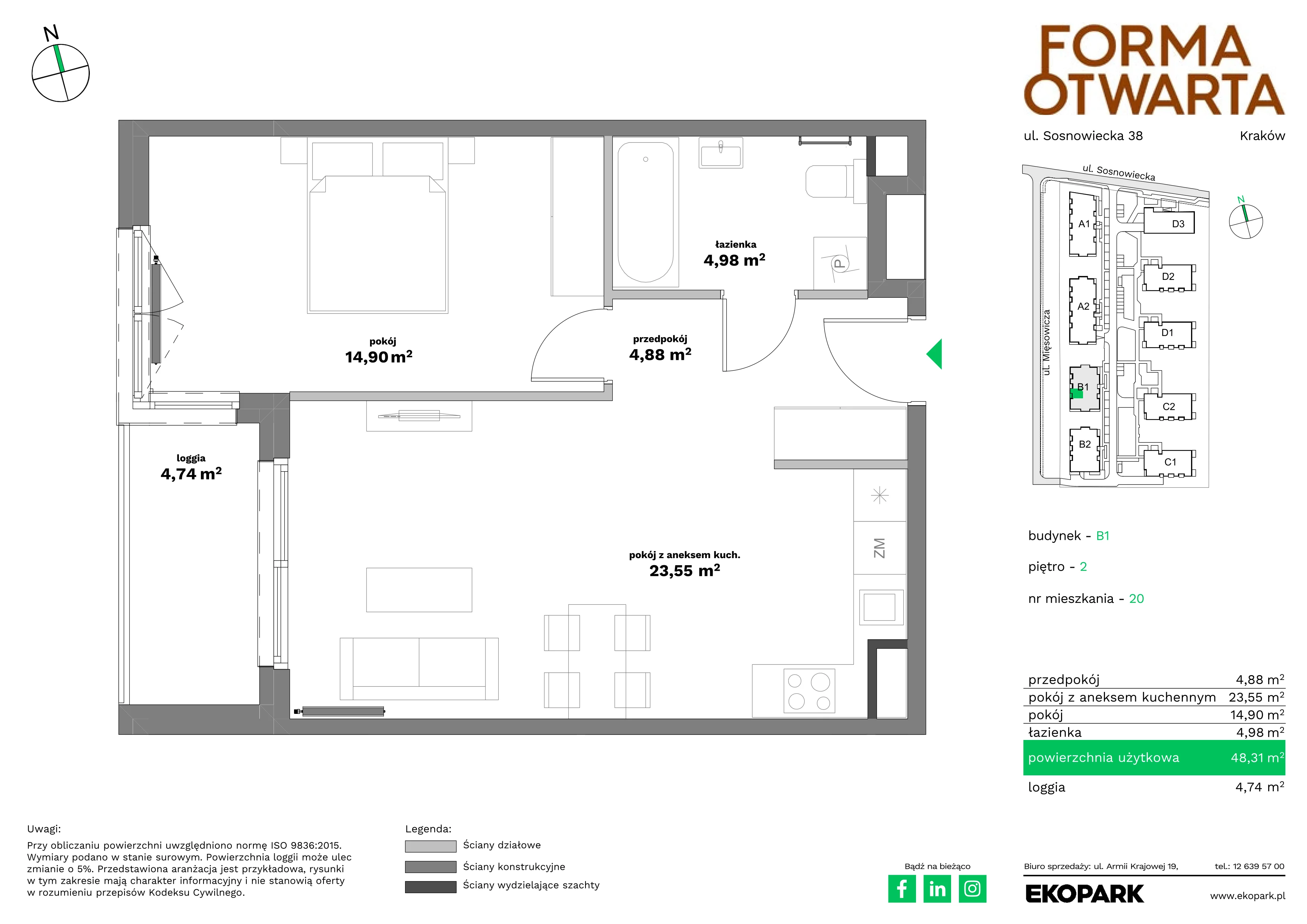 2 pokoje, mieszkanie 48,31 m², piętro 2, oferta nr B1-20, Forma Otwarta - Etap B, Kraków, Bronowice, Bronowice Wielkie, ul. Sosnowiecka