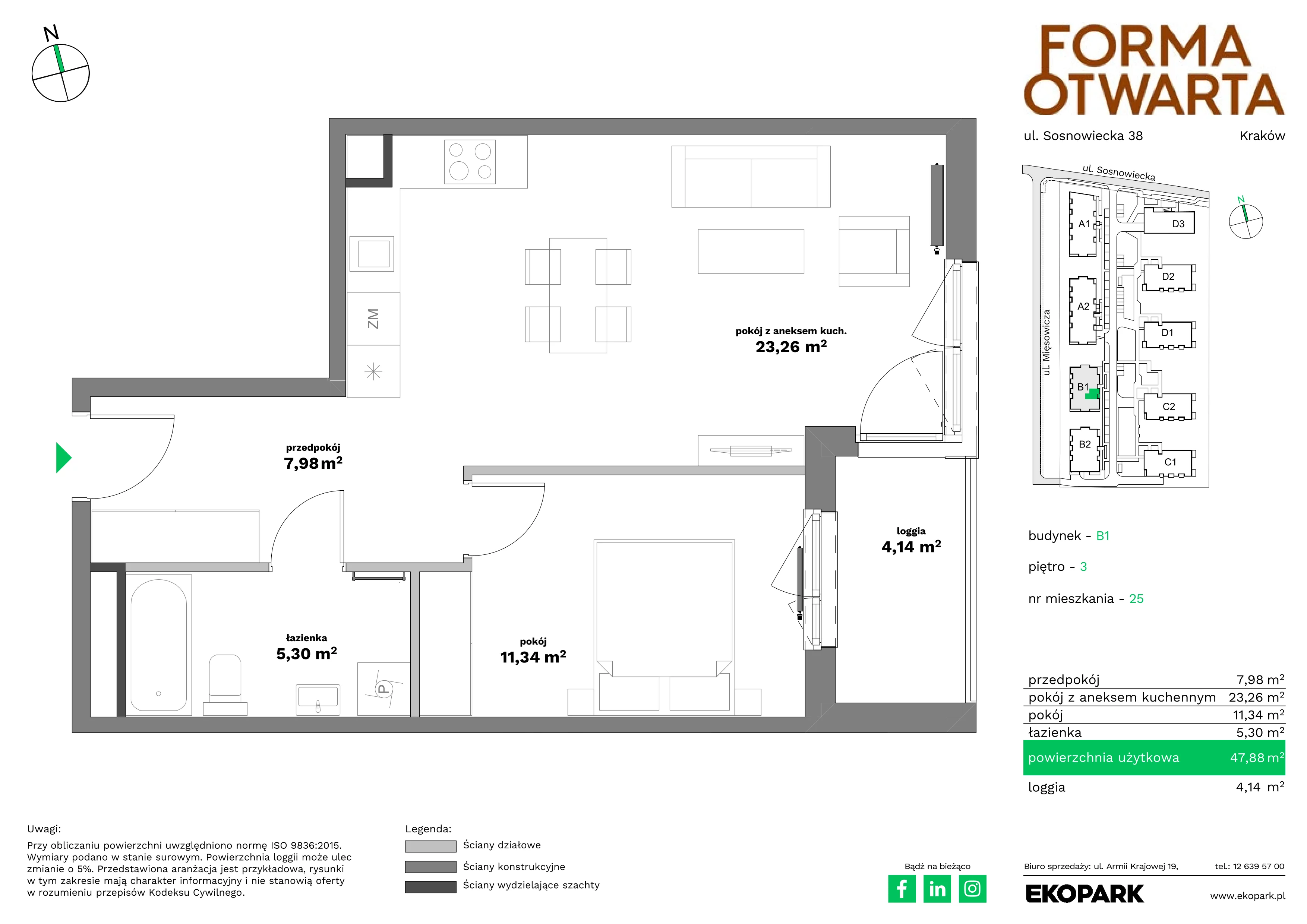 2 pokoje, mieszkanie 47,88 m², piętro 3, oferta nr B1-25, Forma Otwarta - Etap B, Kraków, Bronowice, Bronowice Wielkie, ul. Sosnowiecka