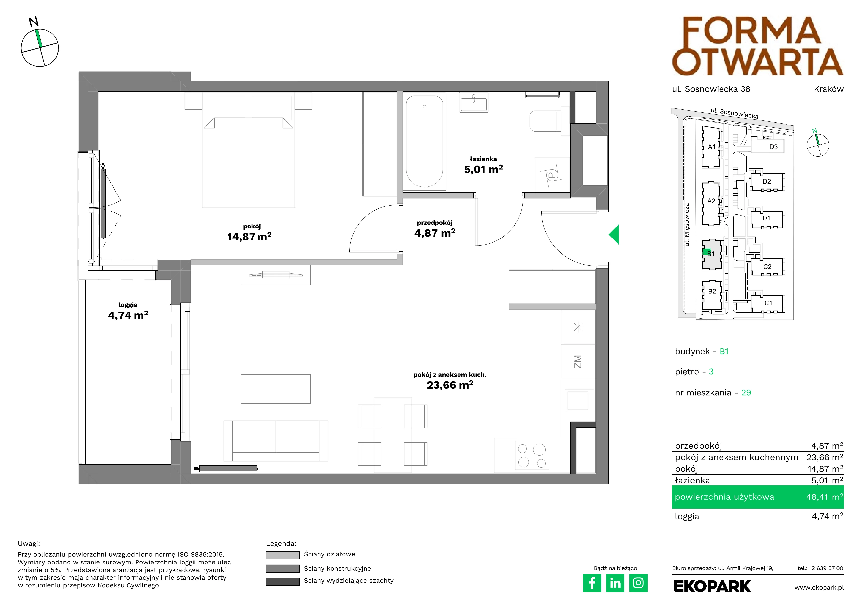 2 pokoje, mieszkanie 48,41 m², piętro 3, oferta nr B1-29, Forma Otwarta - Etap B, Kraków, Bronowice, Bronowice Wielkie, ul. Sosnowiecka