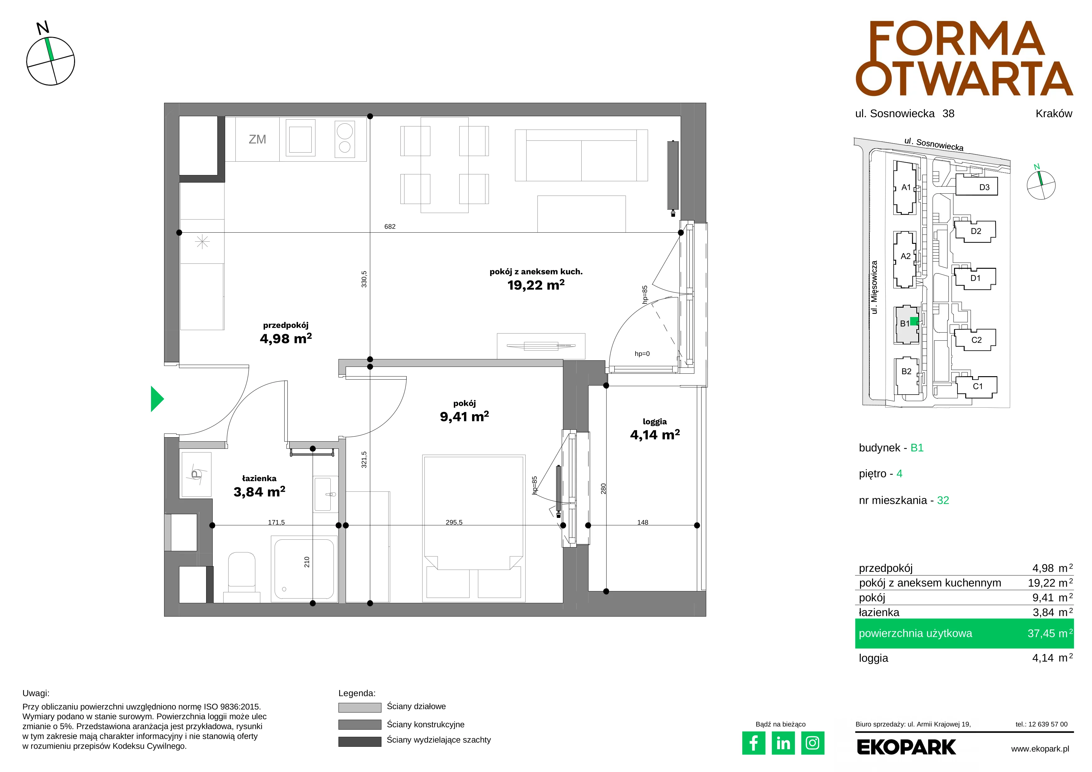 2 pokoje, mieszkanie 37,45 m², piętro 4, oferta nr B1-32, Forma Otwarta - Etap B, Kraków, Bronowice, Bronowice Wielkie, ul. Sosnowiecka