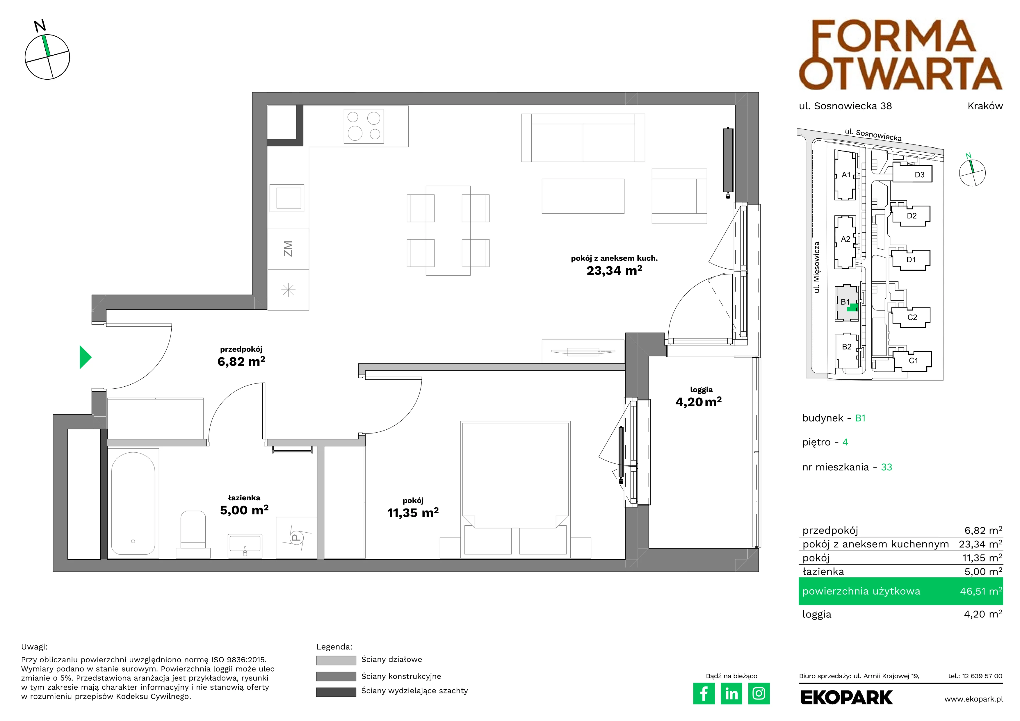 2 pokoje, mieszkanie 46,51 m², piętro 4, oferta nr B1-33, Forma Otwarta - Etap B, Kraków, Bronowice, Bronowice Wielkie, ul. Sosnowiecka