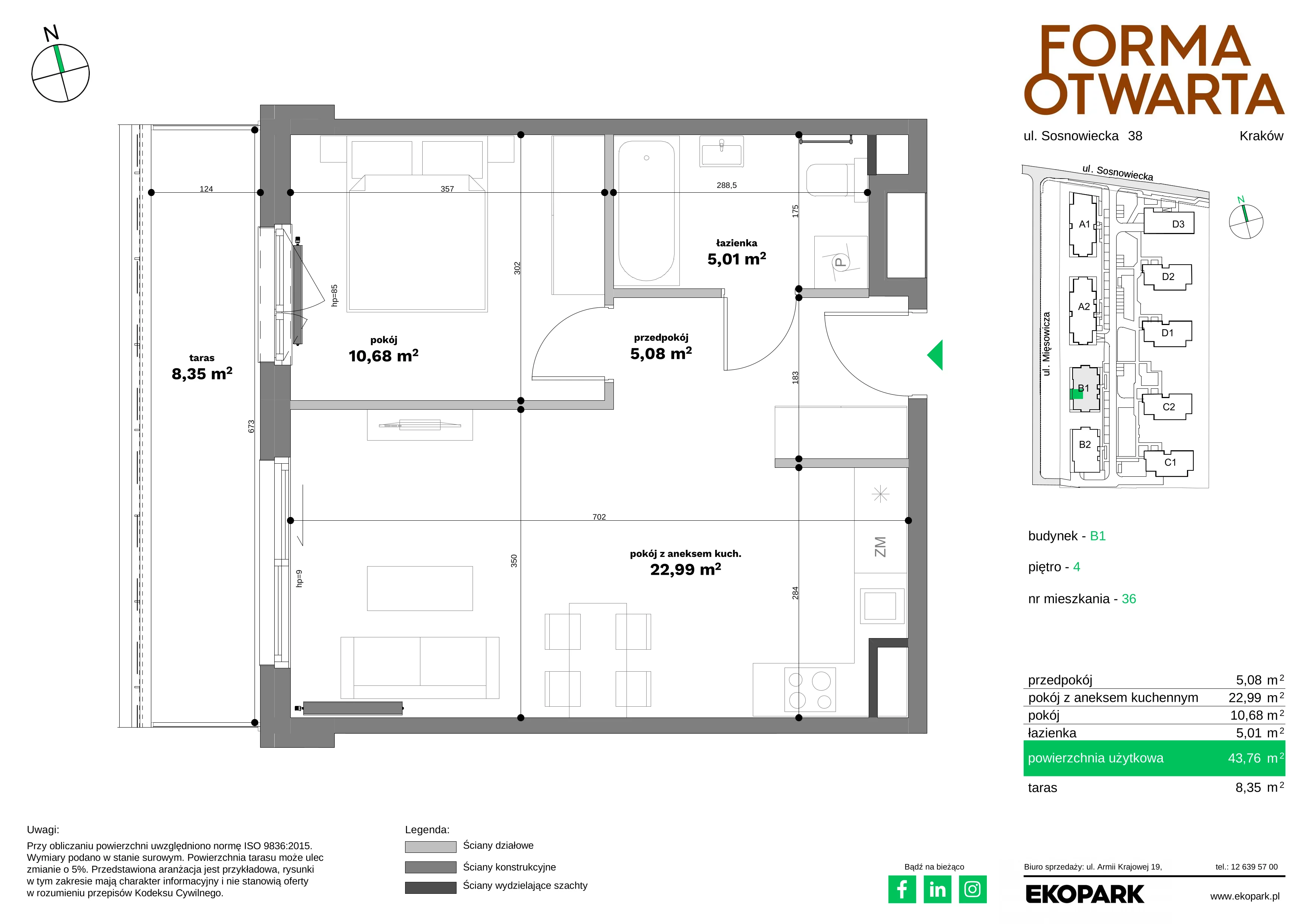 2 pokoje, mieszkanie 43,76 m², piętro 4, oferta nr B1-36, Forma Otwarta - Etap B, Kraków, Bronowice, Bronowice Wielkie, ul. Sosnowiecka