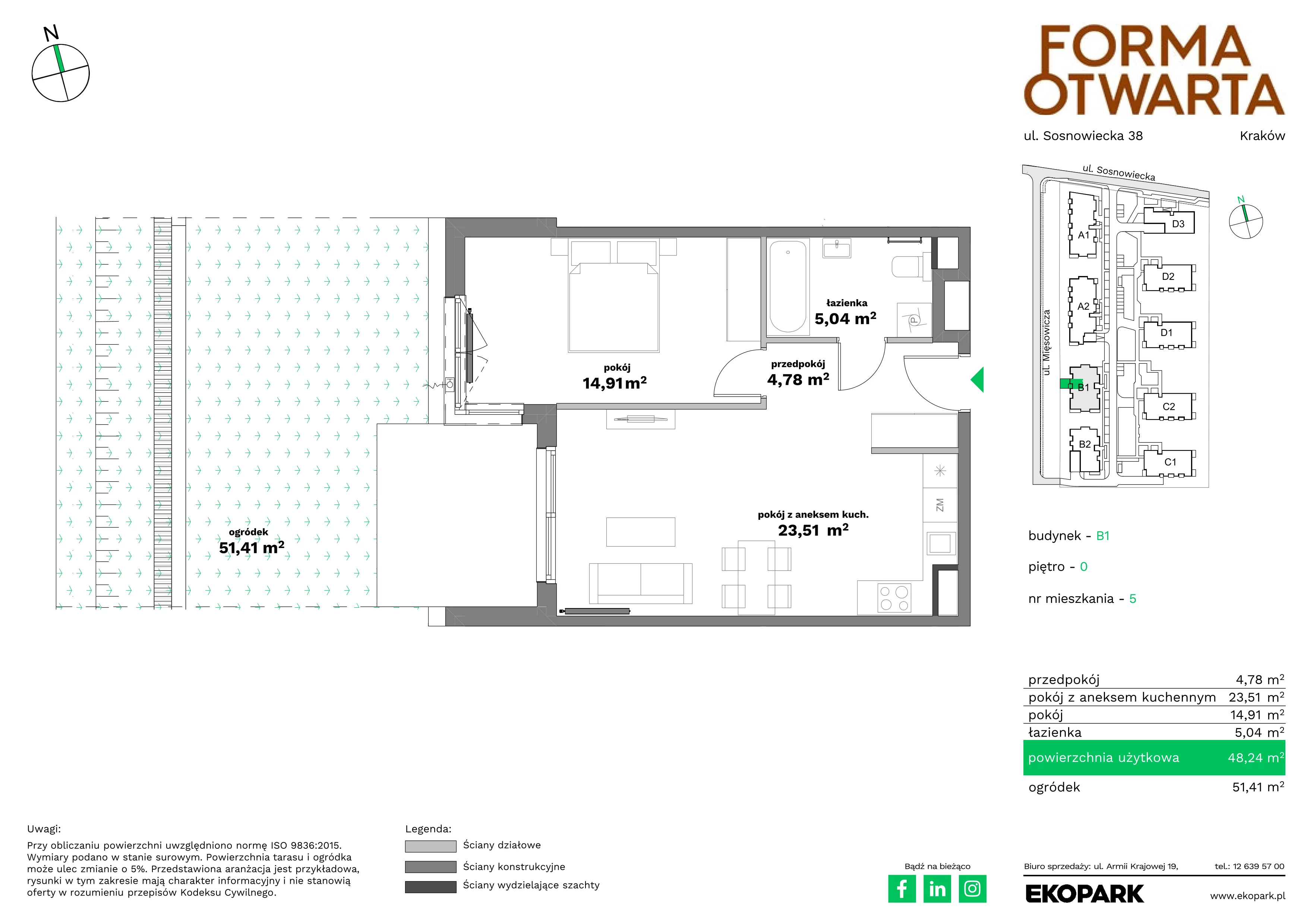 2 pokoje, mieszkanie 48,24 m², parter, oferta nr B1-5, Forma Otwarta - Etap B, Kraków, Bronowice, Bronowice Wielkie, ul. Sosnowiecka