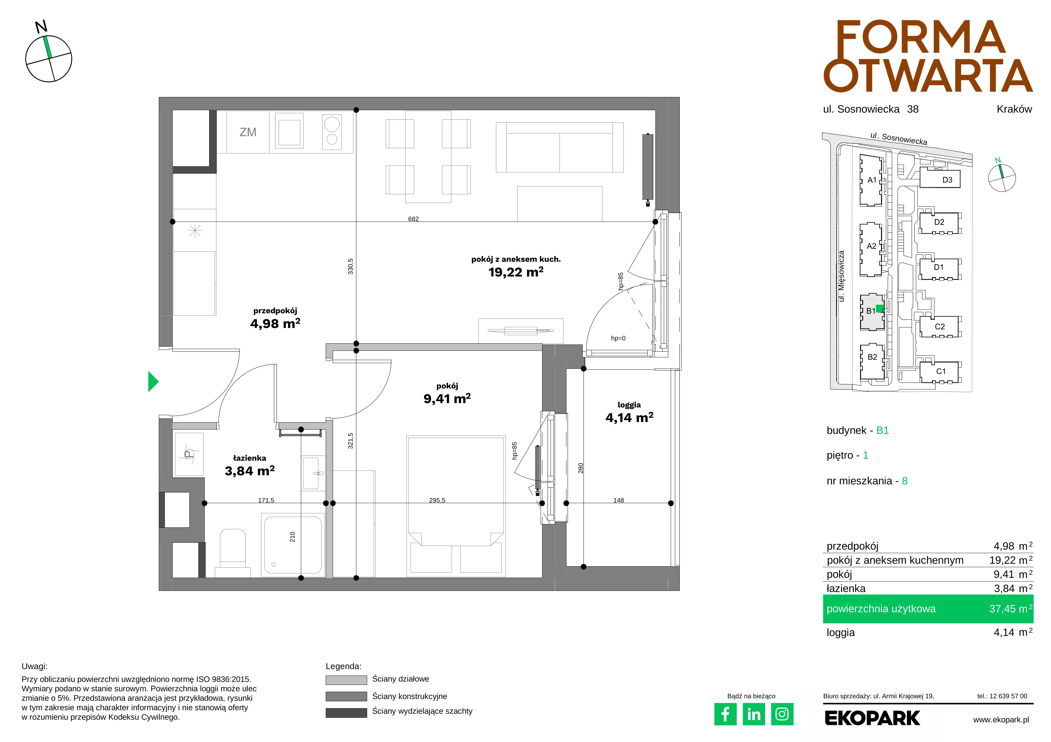 2 pokoje, mieszkanie 37,45 m², piętro 1, oferta nr B1-8, Forma Otwarta - Etap B, Kraków, Bronowice, Bronowice Wielkie, ul. Sosnowiecka