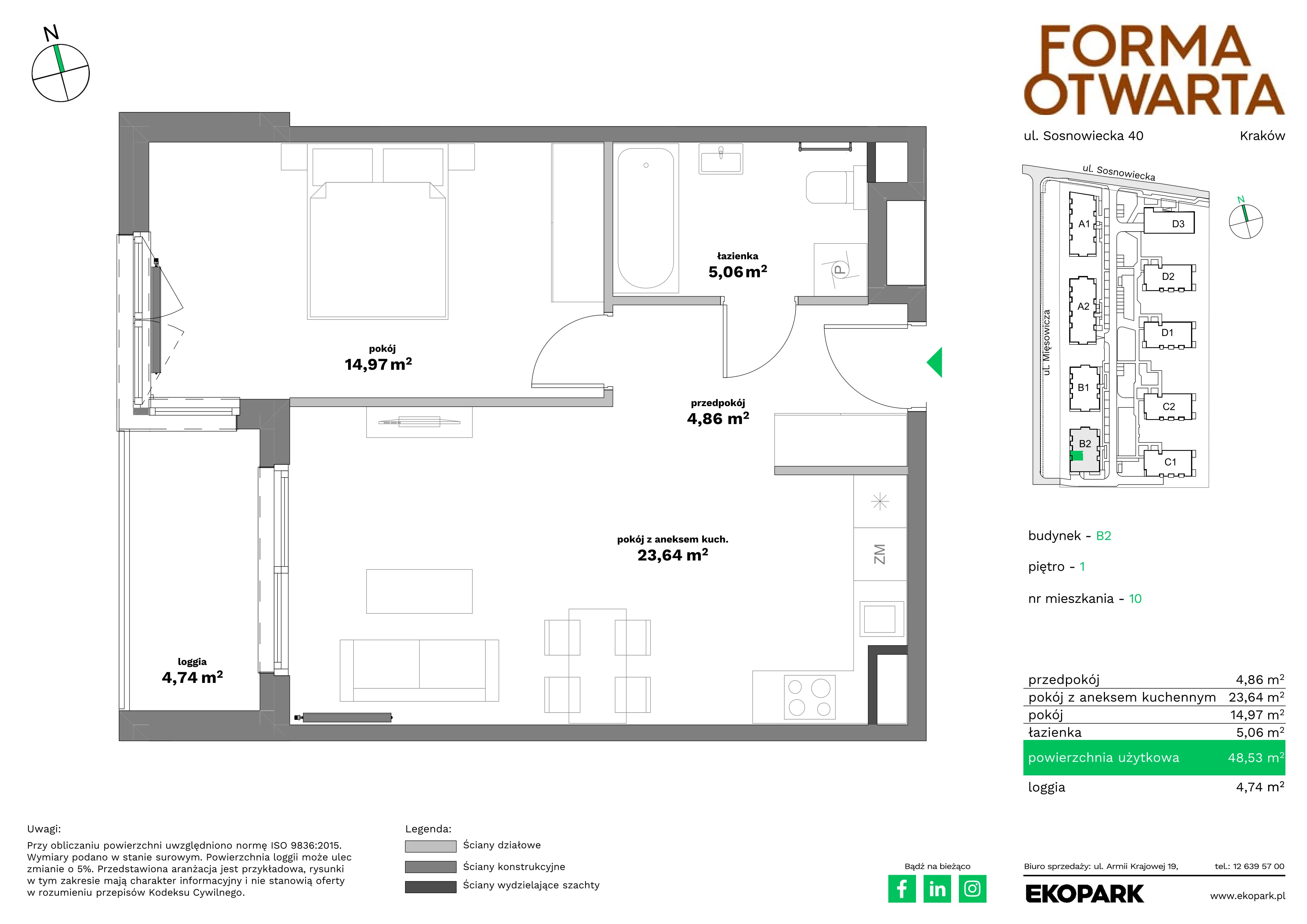 2 pokoje, mieszkanie 48,53 m², piętro 1, oferta nr B2-10, Forma Otwarta - Etap B, Kraków, Bronowice, Bronowice Wielkie, ul. Sosnowiecka