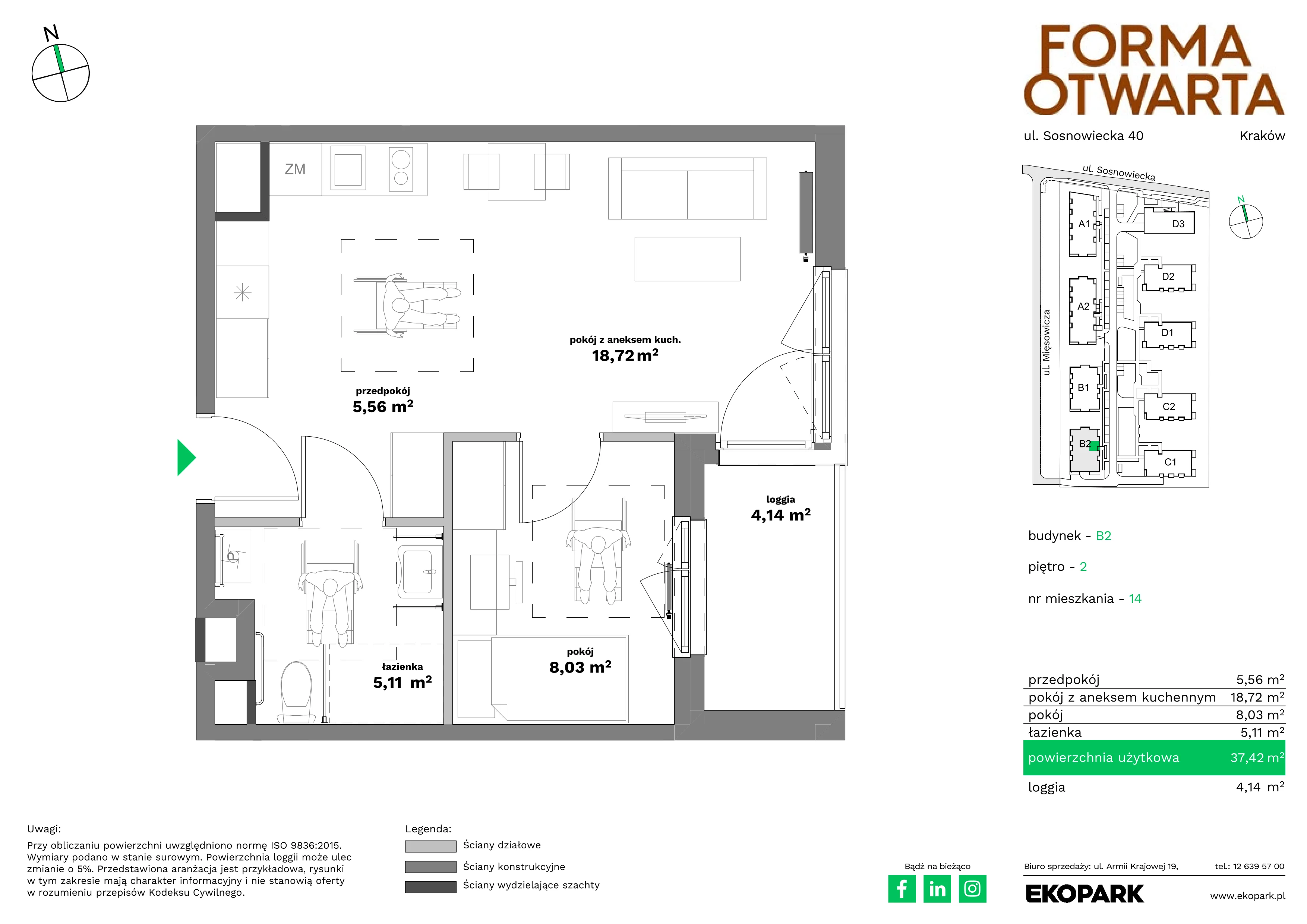 2 pokoje, mieszkanie 37,42 m², piętro 2, oferta nr B2-14, Forma Otwarta - Etap B, Kraków, Bronowice, Bronowice Wielkie, ul. Sosnowiecka