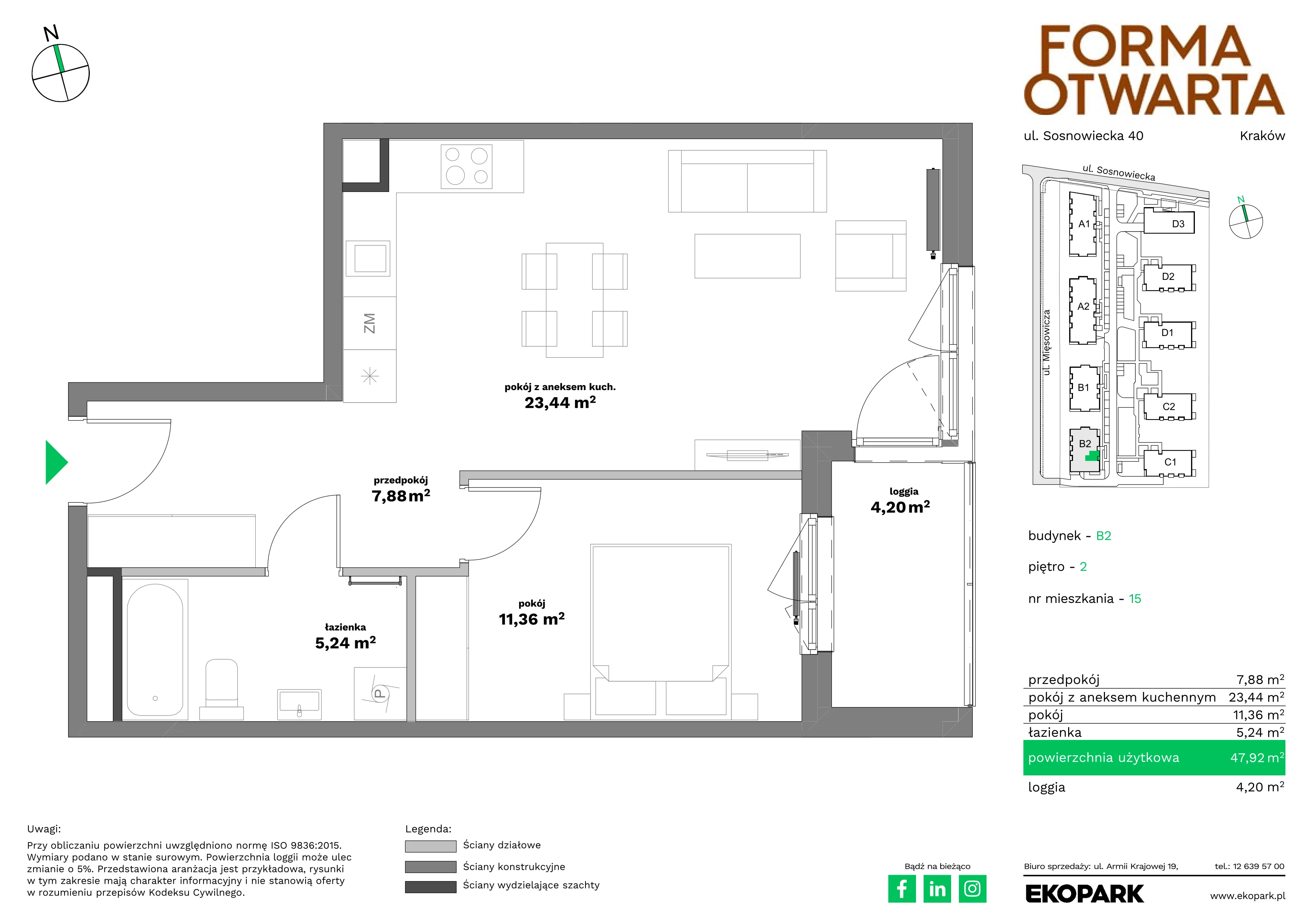 2 pokoje, mieszkanie 47,92 m², piętro 2, oferta nr B2-15, Forma Otwarta - Etap B, Kraków, Bronowice, Bronowice Wielkie, ul. Sosnowiecka