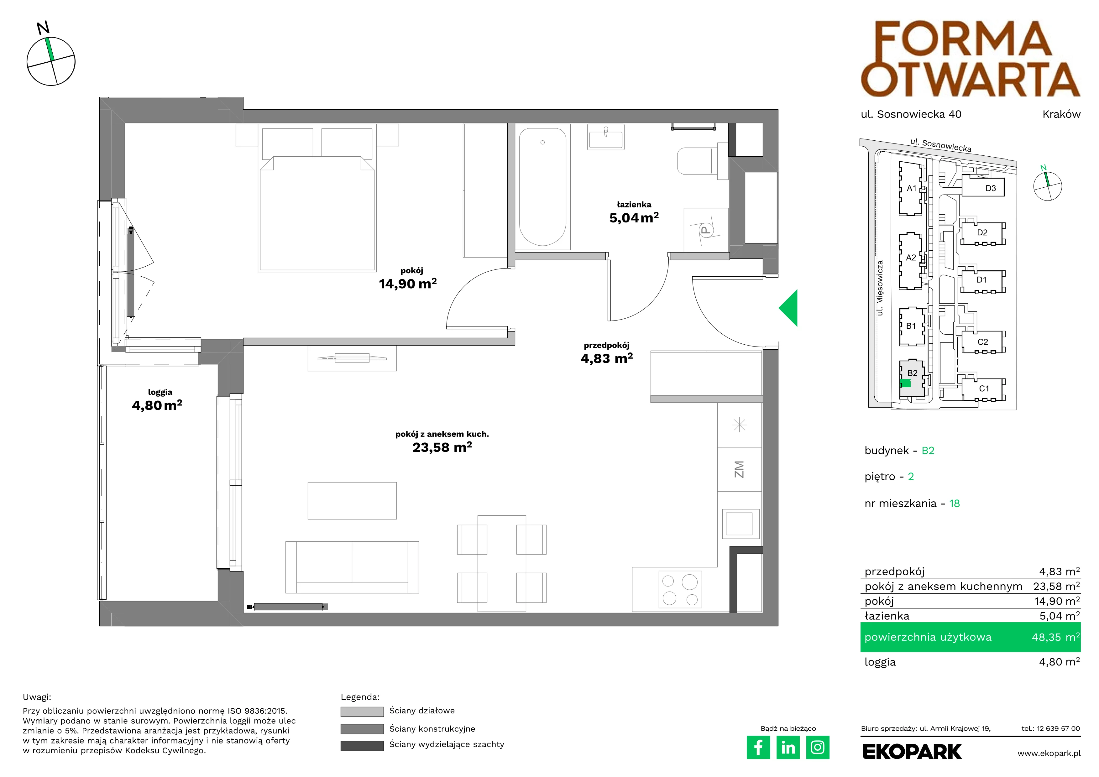 2 pokoje, mieszkanie 48,35 m², piętro 2, oferta nr B2-18, Forma Otwarta - Etap B, Kraków, Bronowice, Bronowice Wielkie, ul. Sosnowiecka