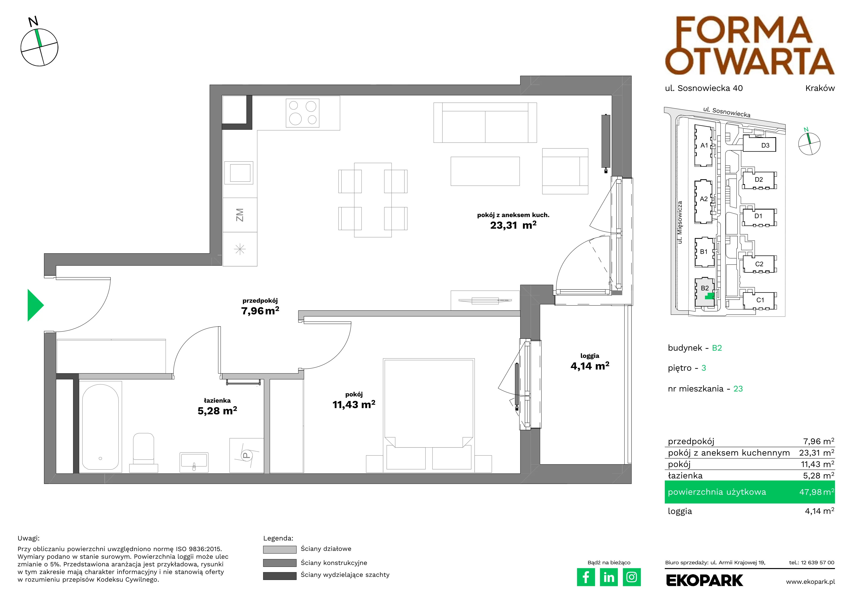 2 pokoje, mieszkanie 47,98 m², piętro 3, oferta nr B2-23, Forma Otwarta - Etap B, Kraków, Bronowice, Bronowice Wielkie, ul. Sosnowiecka