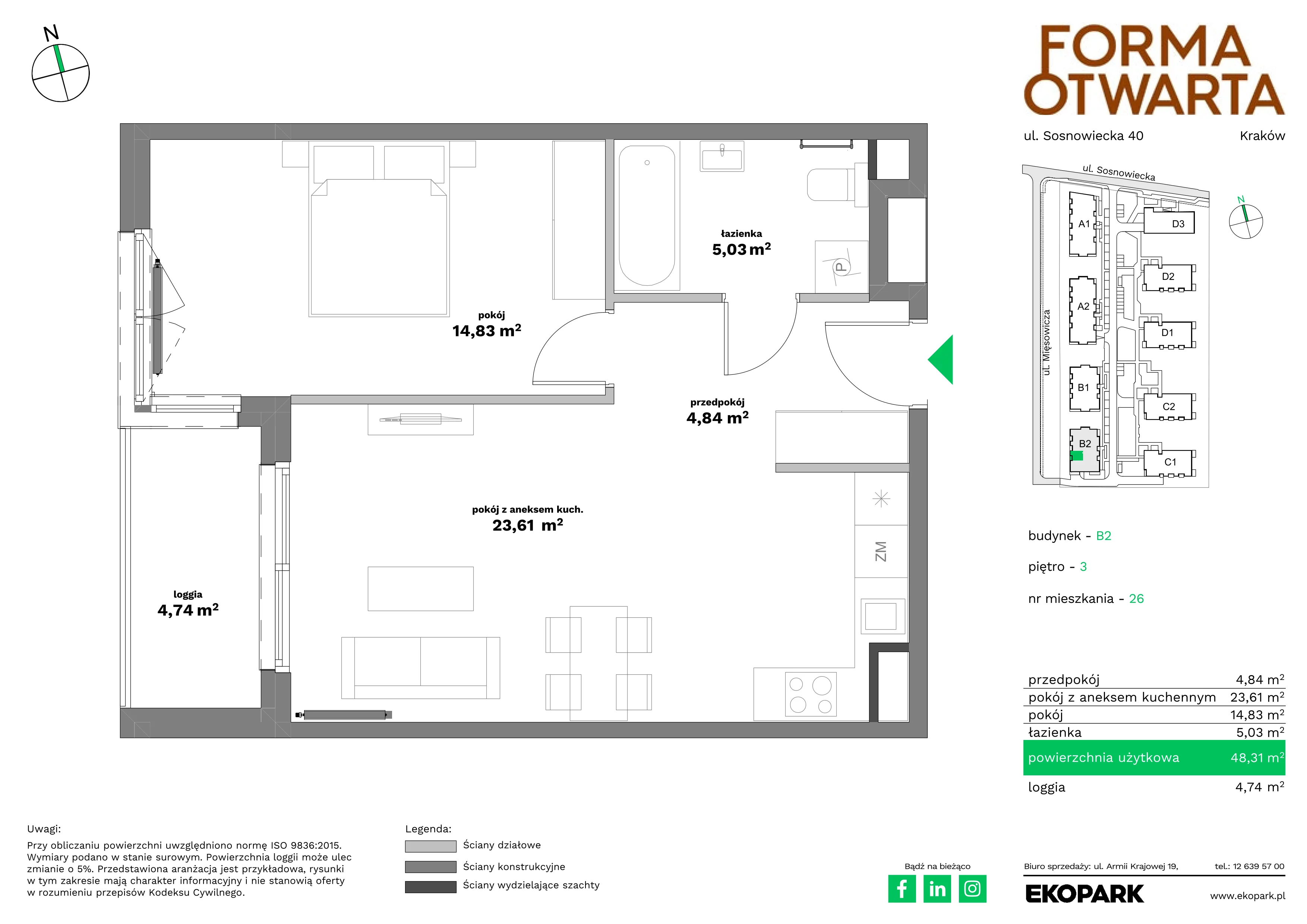 2 pokoje, mieszkanie 48,31 m², piętro 3, oferta nr B2-26, Forma Otwarta - Etap B, Kraków, Bronowice, Bronowice Wielkie, ul. Sosnowiecka