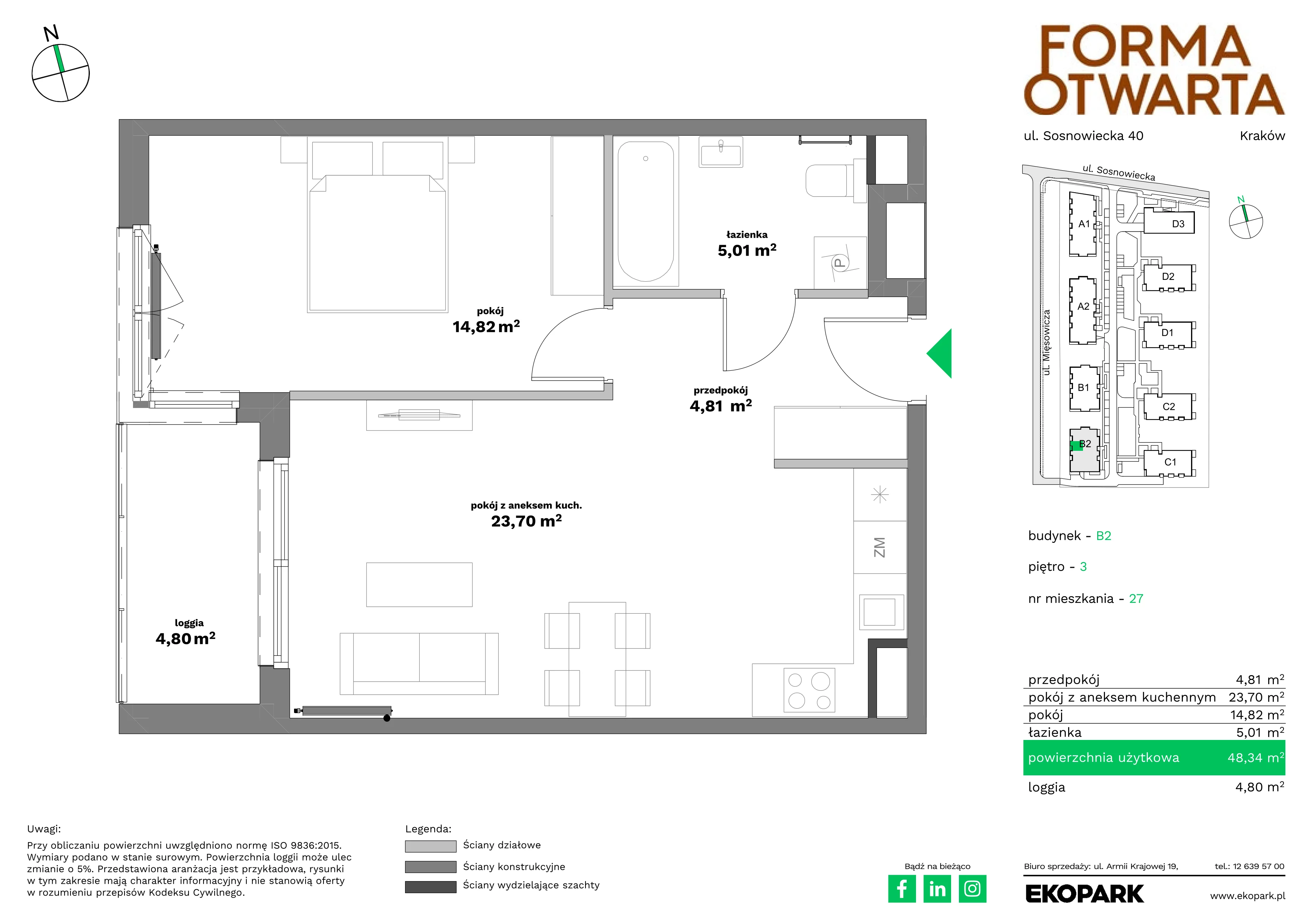 2 pokoje, mieszkanie 48,34 m², piętro 3, oferta nr B2-27, Forma Otwarta - Etap B, Kraków, Bronowice, Bronowice Wielkie, ul. Sosnowiecka