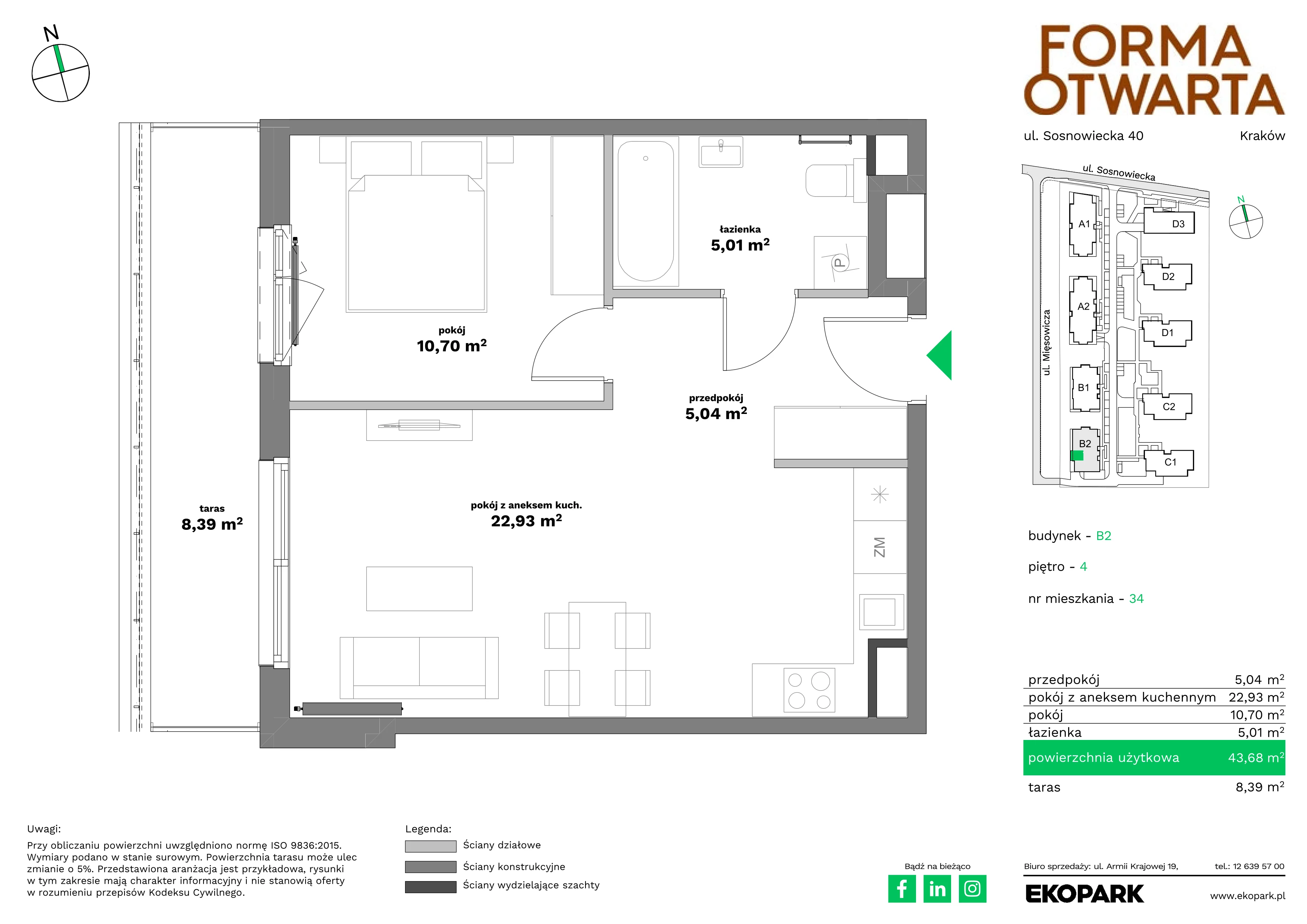 2 pokoje, mieszkanie 43,68 m², piętro 4, oferta nr B2-34, Forma Otwarta - Etap B, Kraków, Bronowice, Bronowice Wielkie, ul. Sosnowiecka