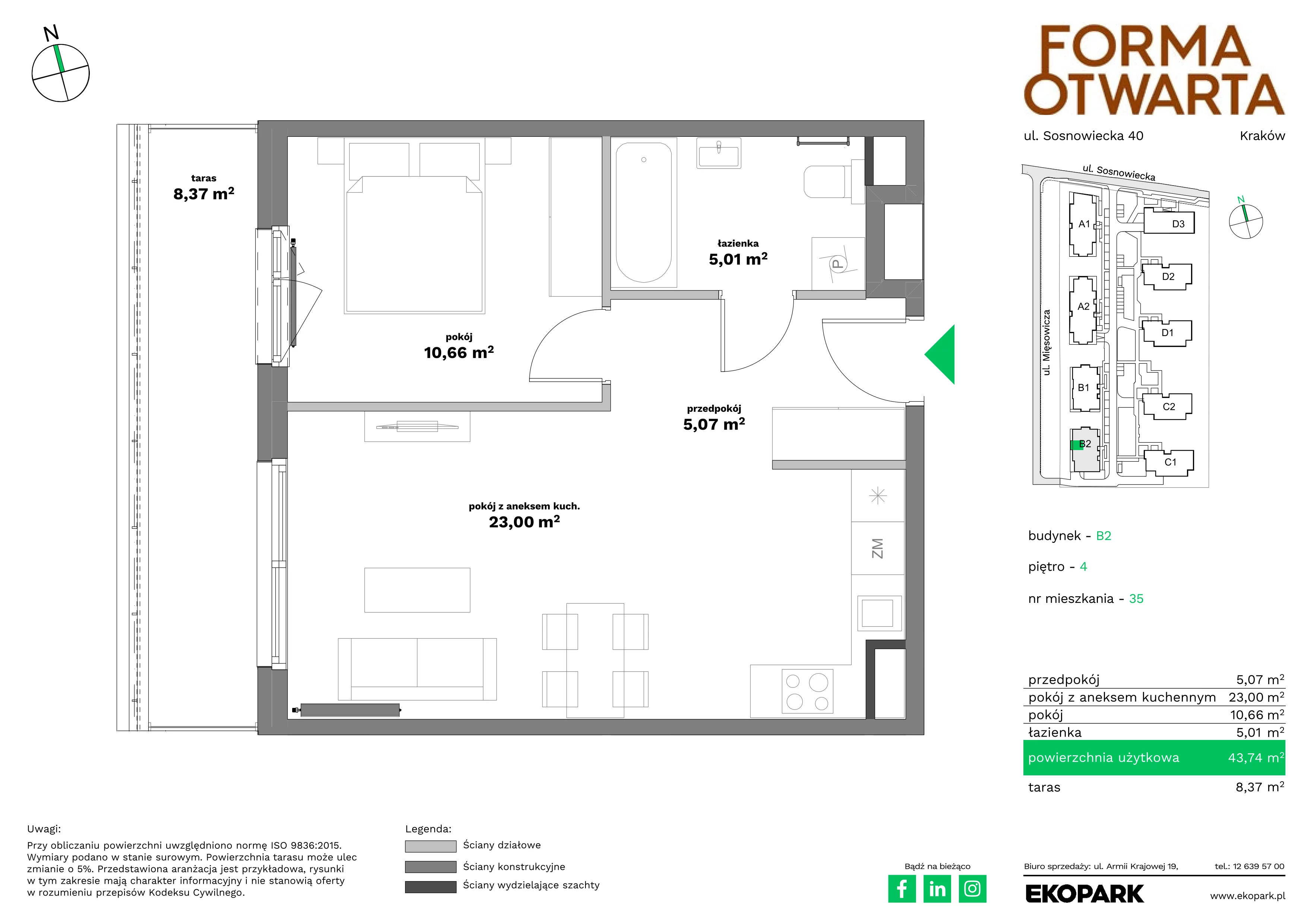 2 pokoje, mieszkanie 43,74 m², piętro 4, oferta nr B2-35, Forma Otwarta - Etap B, Kraków, Bronowice, Bronowice Wielkie, ul. Sosnowiecka
