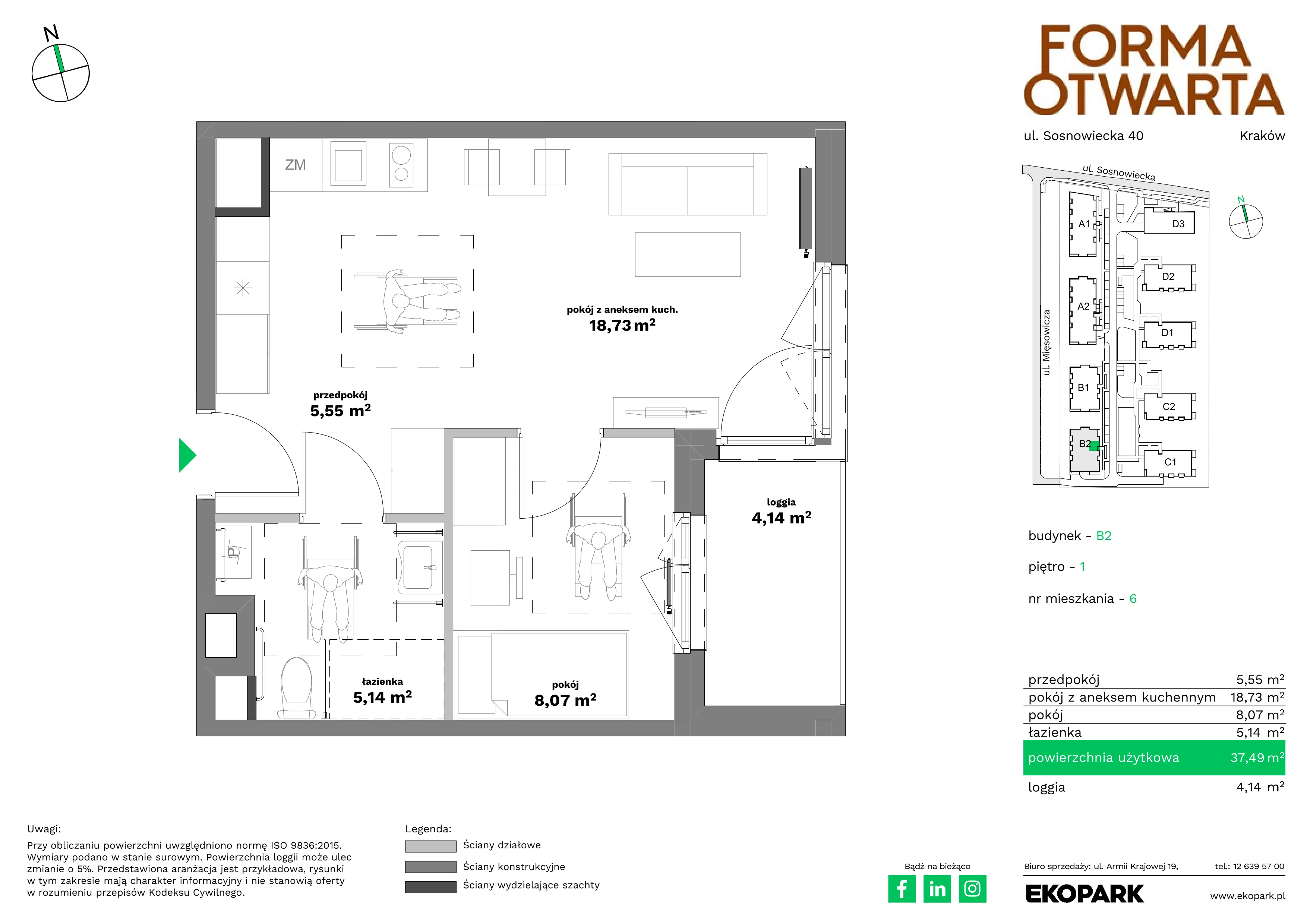 2 pokoje, mieszkanie 37,49 m², piętro 1, oferta nr B2-6, Forma Otwarta - Etap B, Kraków, Bronowice, Bronowice Wielkie, ul. Sosnowiecka