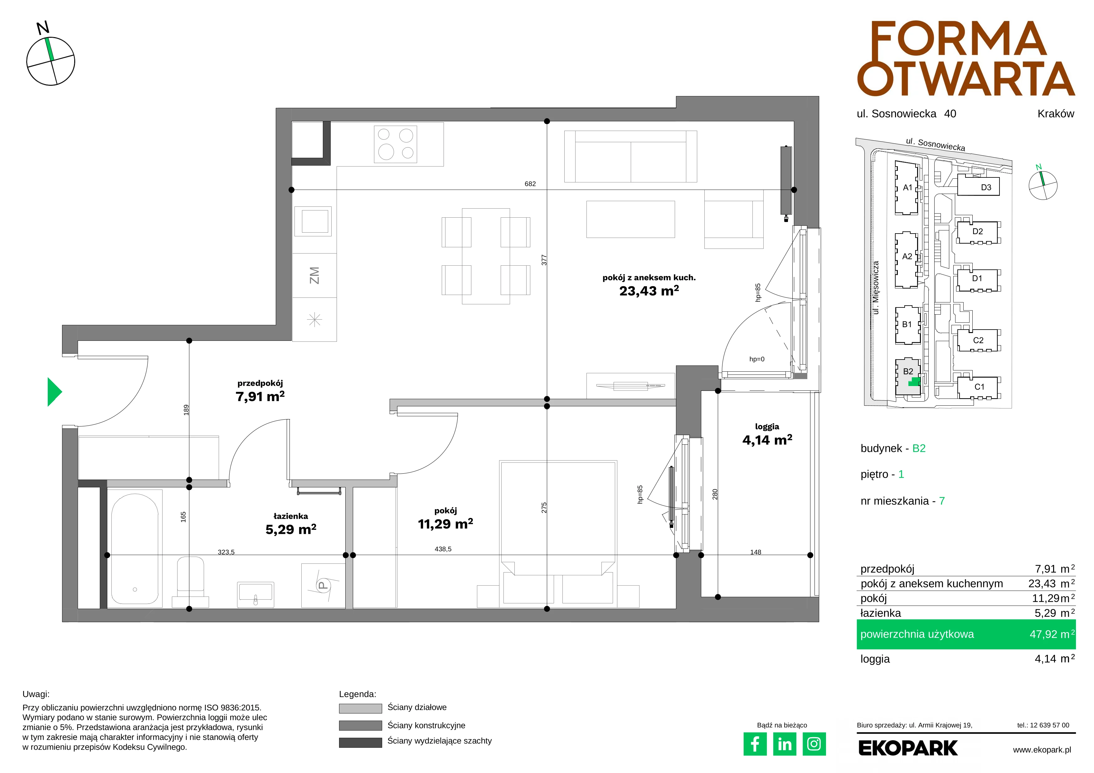 2 pokoje, mieszkanie 47,92 m², piętro 1, oferta nr B2-7, Forma Otwarta - Etap B, Kraków, Bronowice, Bronowice Wielkie, ul. Sosnowiecka