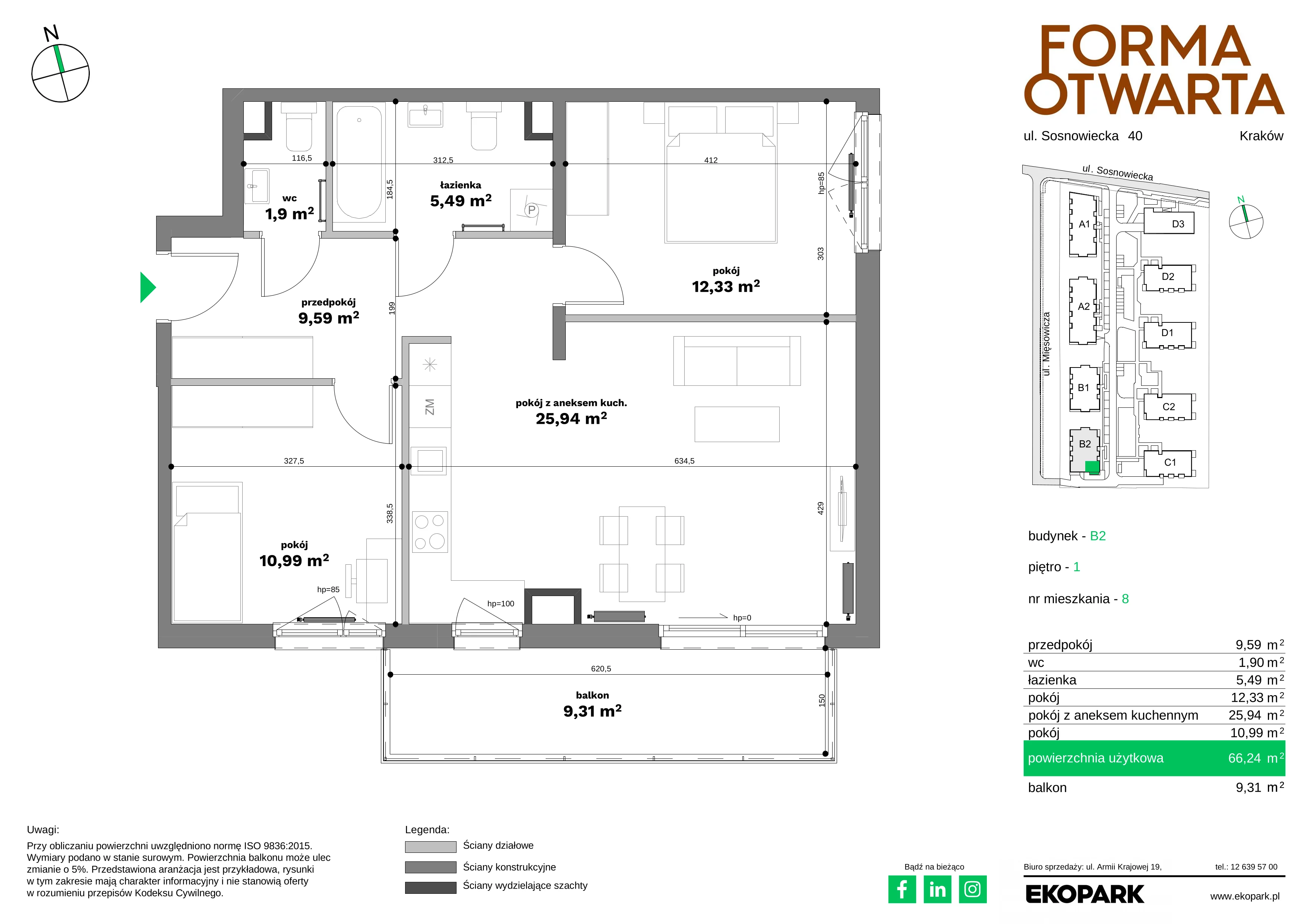 2 pokoje, mieszkanie 66,24 m², piętro 1, oferta nr B2-8, Forma Otwarta - Etap B, Kraków, Bronowice, Bronowice Wielkie, ul. Sosnowiecka
