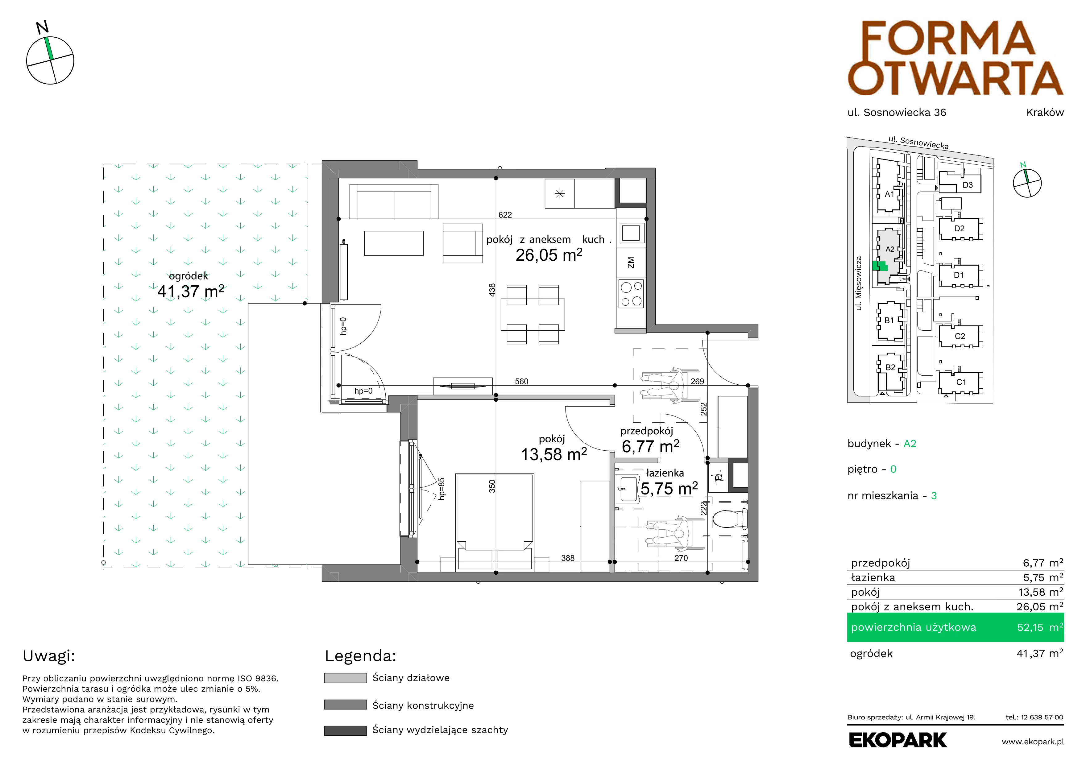 2 pokoje, mieszkanie 52,15 m², parter, oferta nr A2-3, Forma Otwarta, Kraków, Bronowice, Bronowice Wielkie, ul. Sosnowiecka