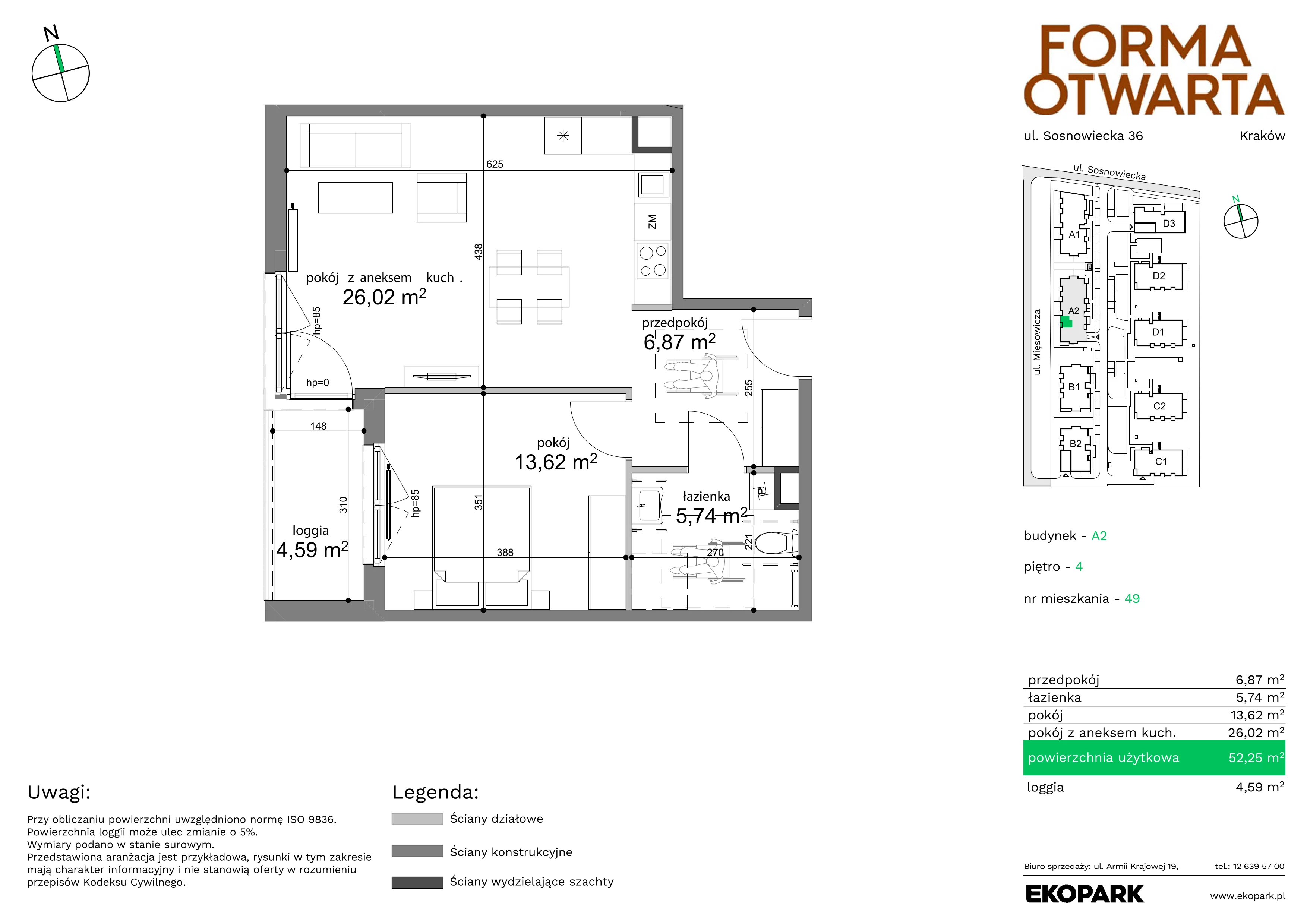 2 pokoje, mieszkanie 52,25 m², piętro 4, oferta nr A2-49, Forma Otwarta, Kraków, Bronowice, Bronowice Wielkie, ul. Sosnowiecka