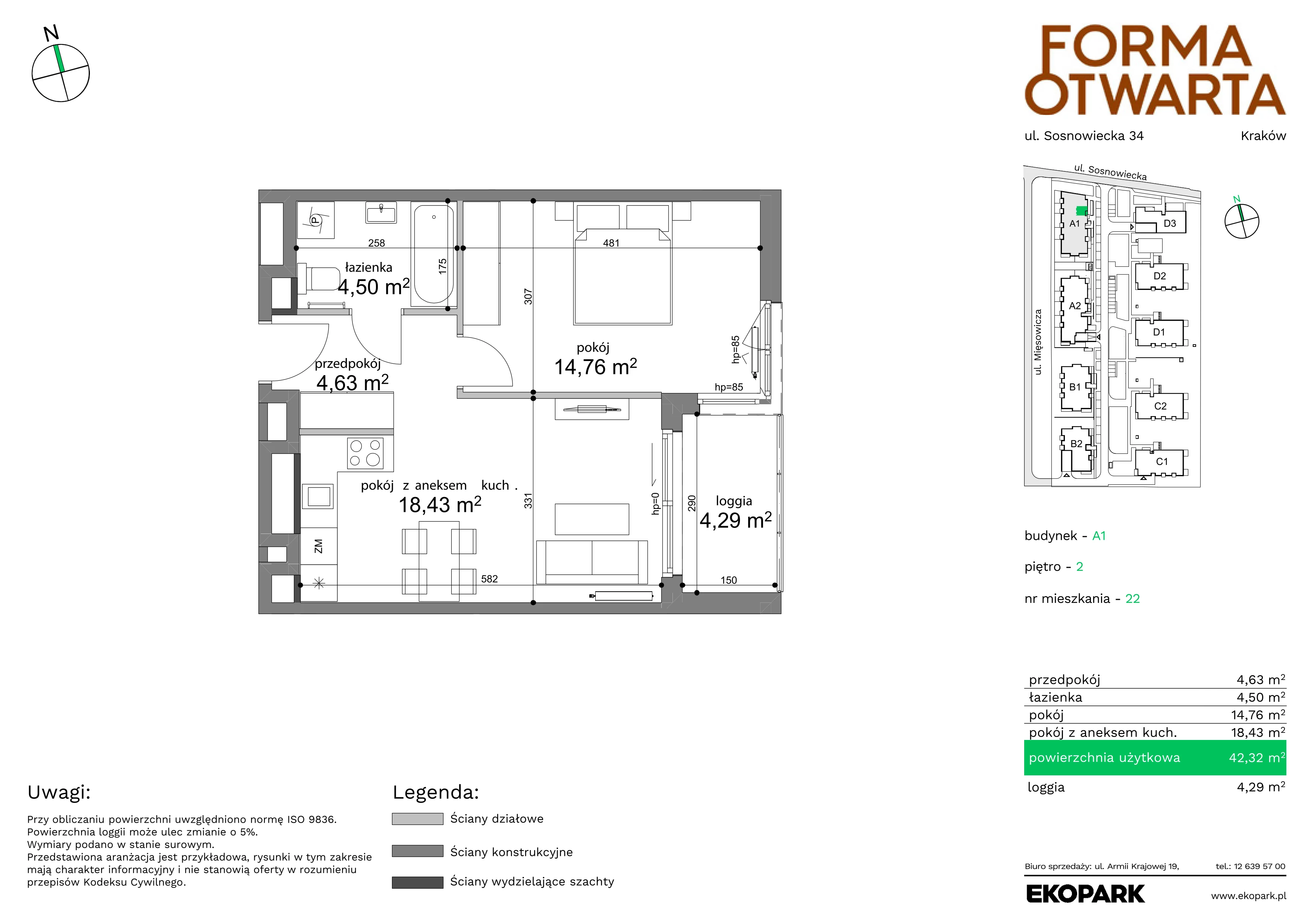 2 pokoje, mieszkanie 42,32 m², piętro 2, oferta nr A1-22, Forma Otwarta, Kraków, Bronowice, Bronowice Wielkie, ul. Sosnowiecka