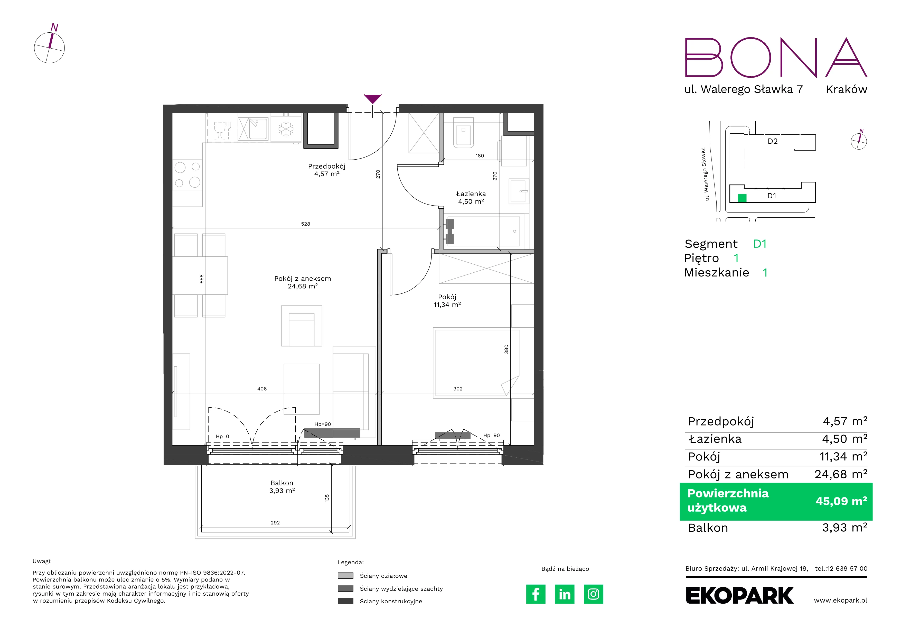 2 pokoje, mieszkanie 45,09 m², piętro 1, oferta nr 1, BONA, Kraków, Podgórze Duchackie, ul. Walerego Sławka 7