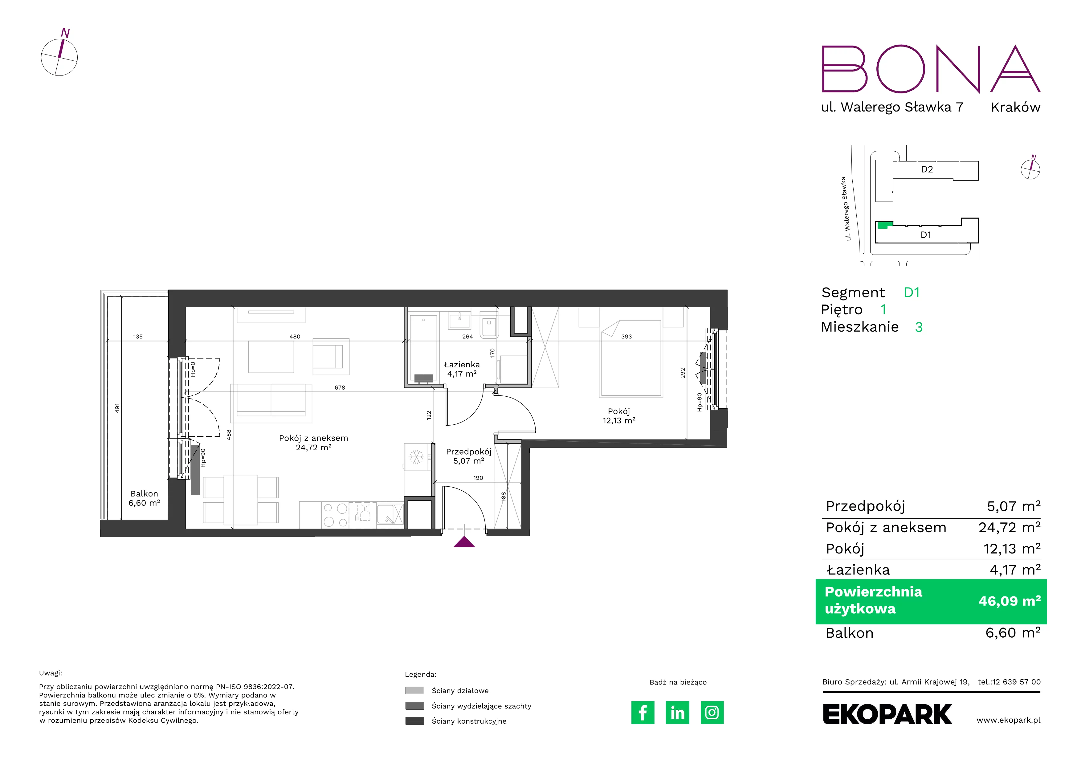 2 pokoje, mieszkanie 46,09 m², piętro 1, oferta nr 3, BONA, Kraków, Podgórze Duchackie, ul. Walerego Sławka 7