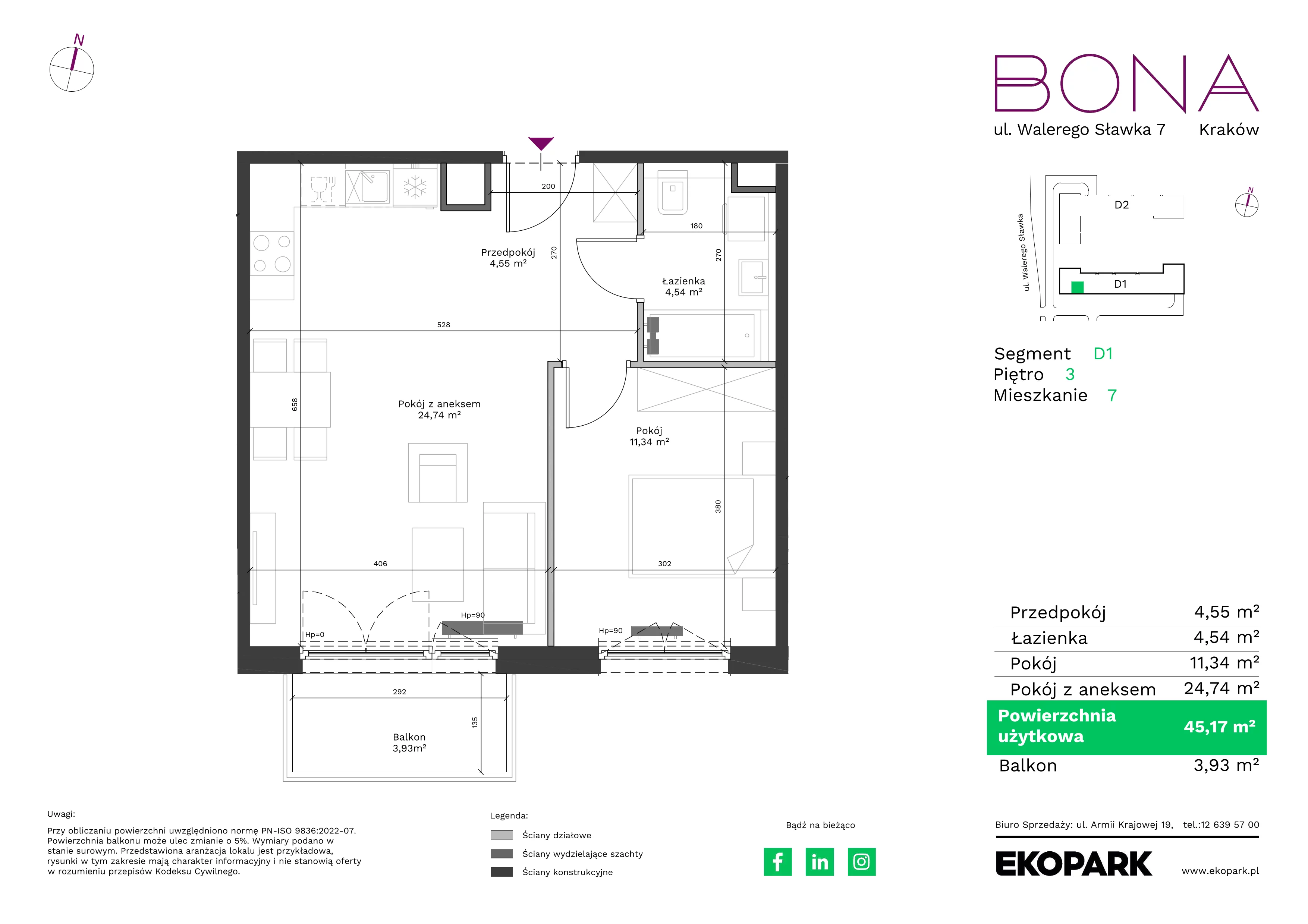 2 pokoje, mieszkanie 45,17 m², piętro 3, oferta nr 7, BONA, Kraków, Podgórze Duchackie, ul. Walerego Sławka 7