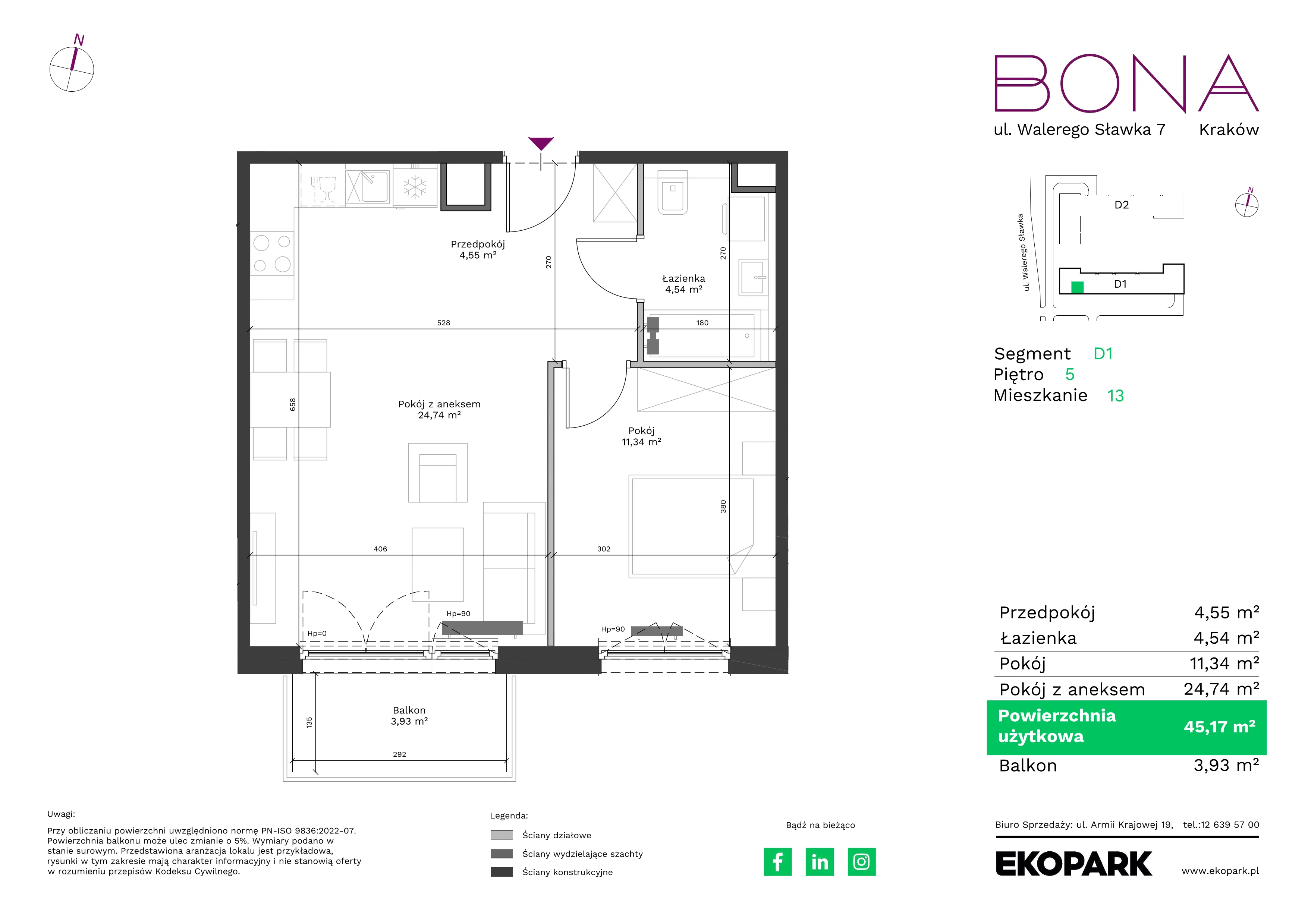 2 pokoje, mieszkanie 45,17 m², piętro 5, oferta nr 13, BONA, Kraków, Podgórze Duchackie, ul. Walerego Sławka 7