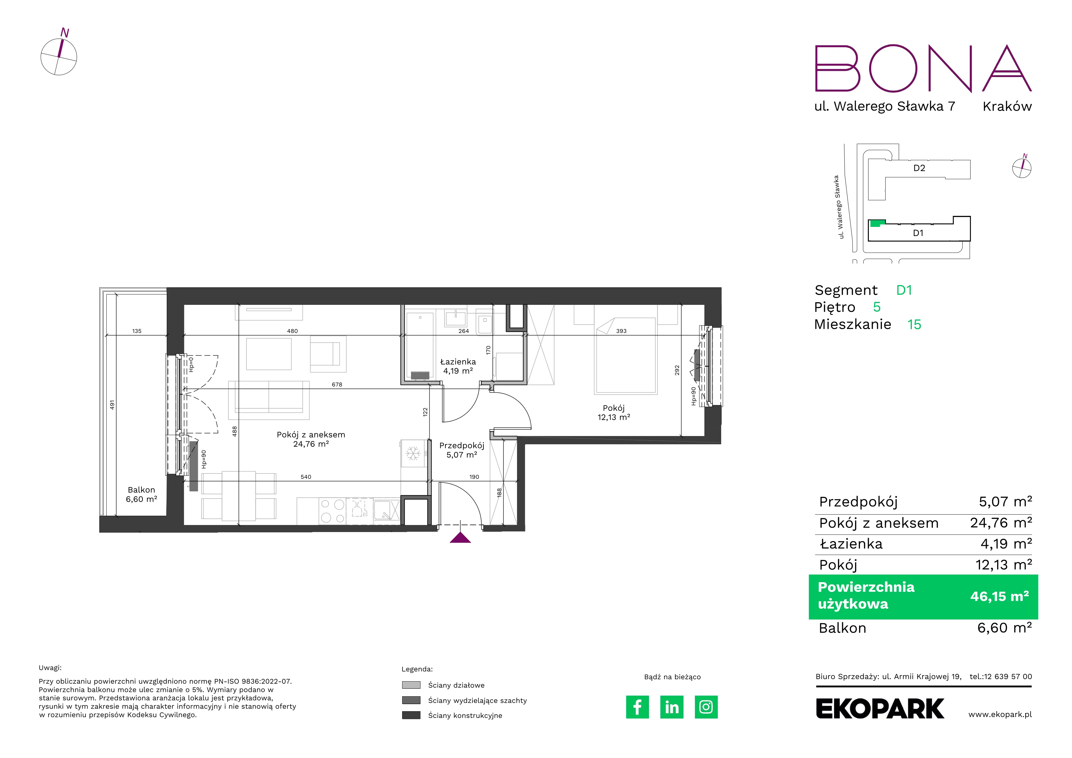 2 pokoje, mieszkanie 46,15 m², piętro 5, oferta nr 15, BONA, Kraków, Podgórze Duchackie, ul. Walerego Sławka 7