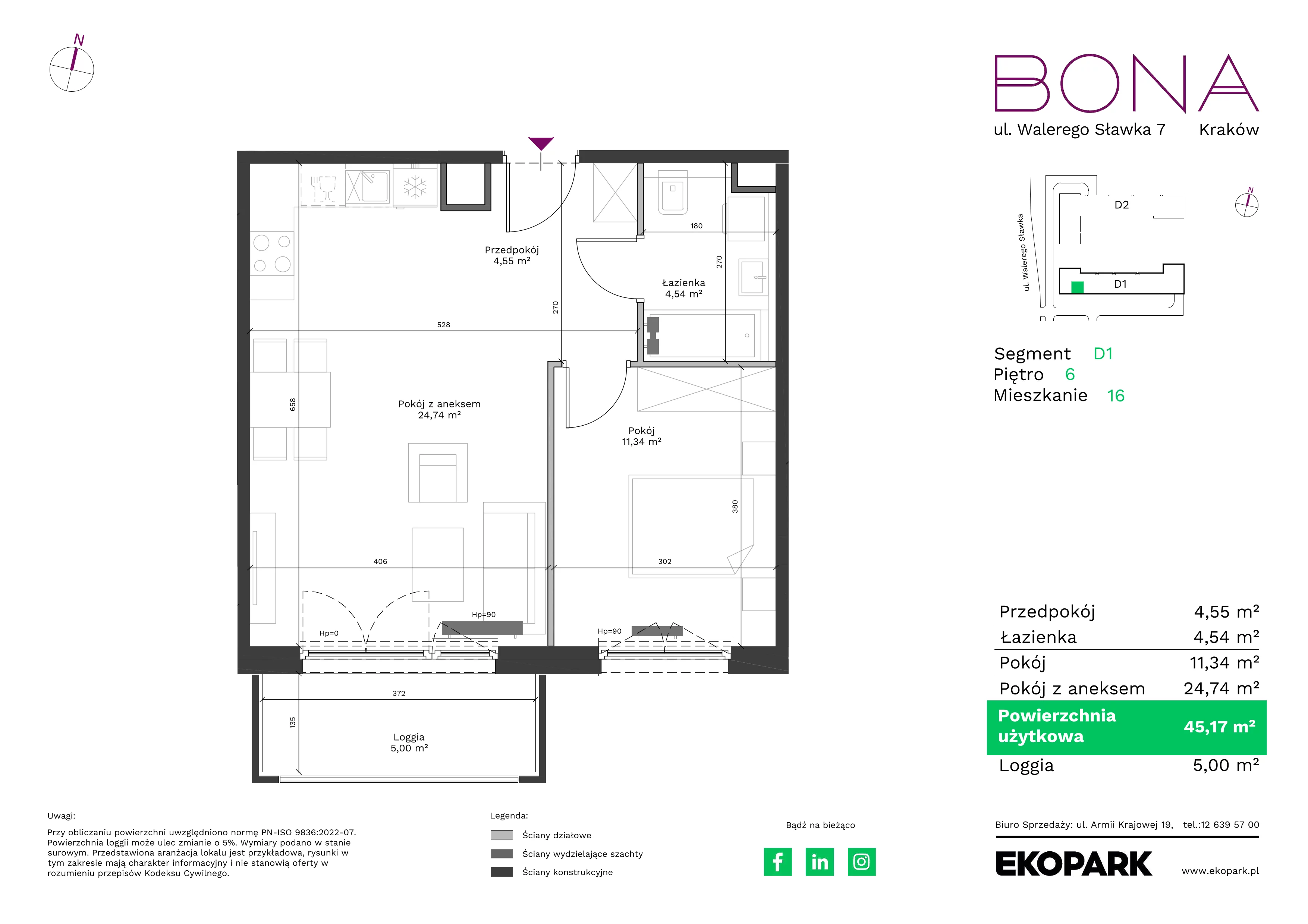 2 pokoje, mieszkanie 45,17 m², piętro 6, oferta nr 16, BONA, Kraków, Podgórze Duchackie, ul. Walerego Sławka 7