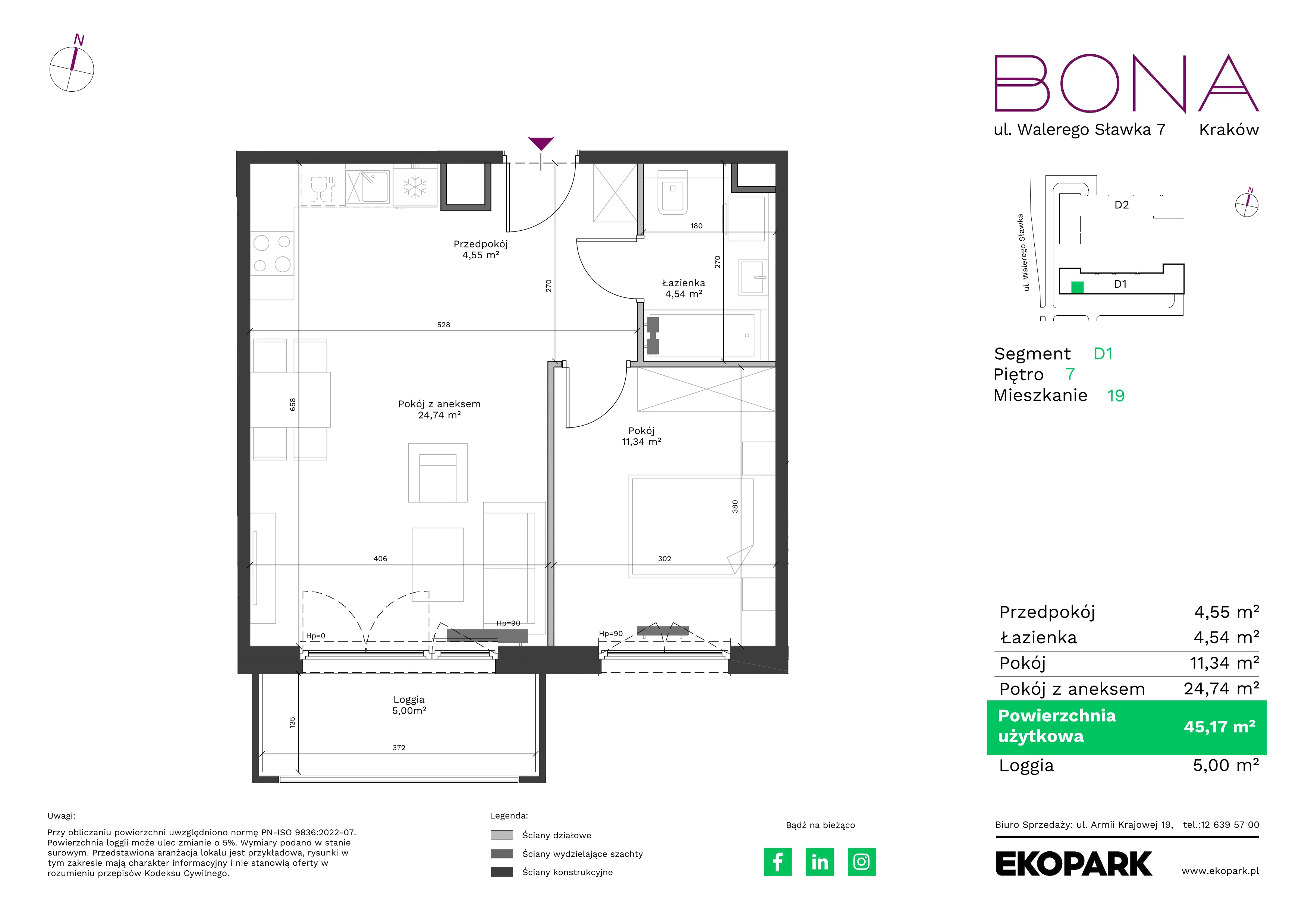 2 pokoje, mieszkanie 45,17 m², piętro 7, oferta nr 19, BONA, Kraków, Podgórze Duchackie, ul. Walerego Sławka 7