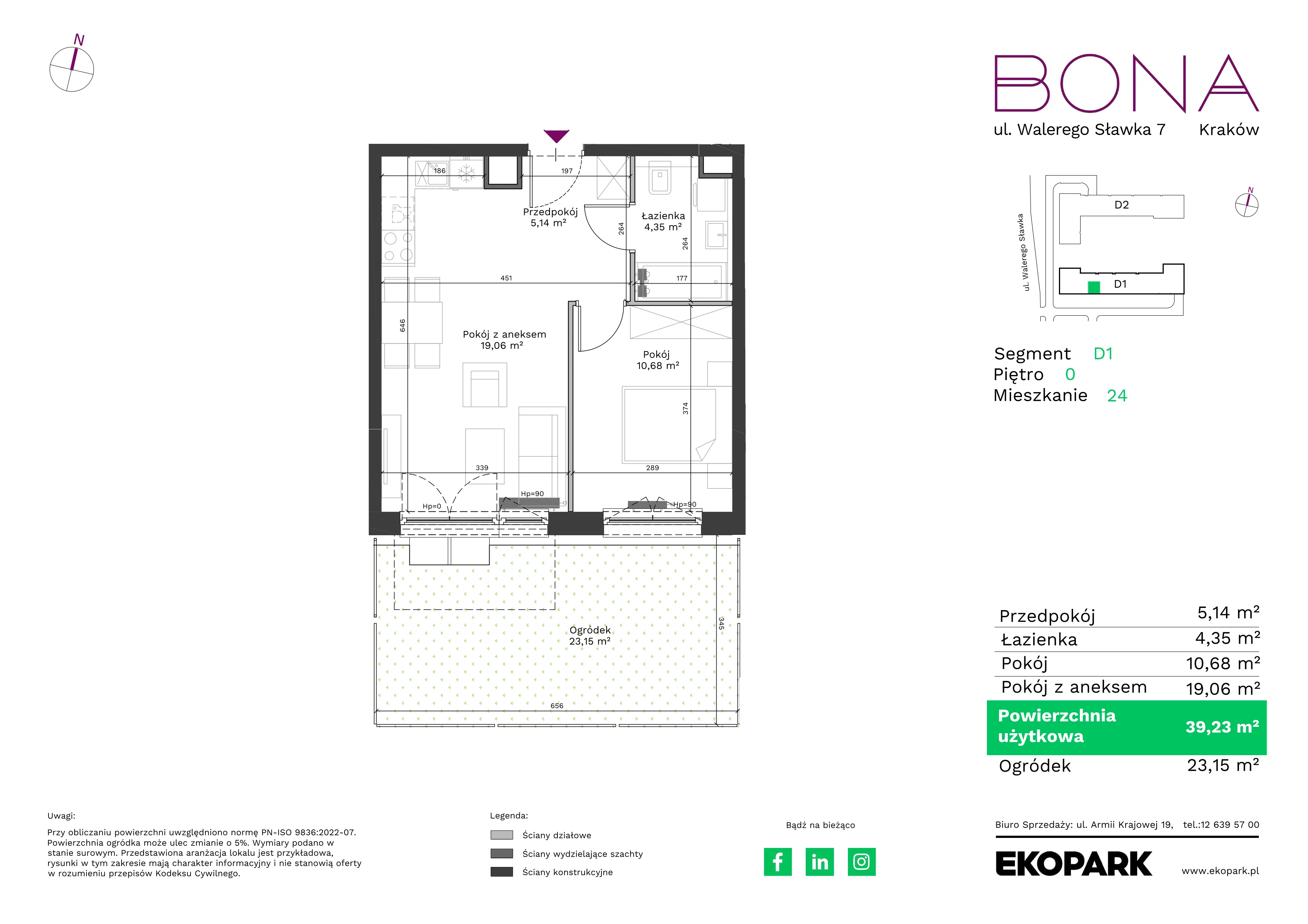 2 pokoje, mieszkanie 39,23 m², parter, oferta nr 24, BONA, Kraków, Podgórze Duchackie, ul. Walerego Sławka 7