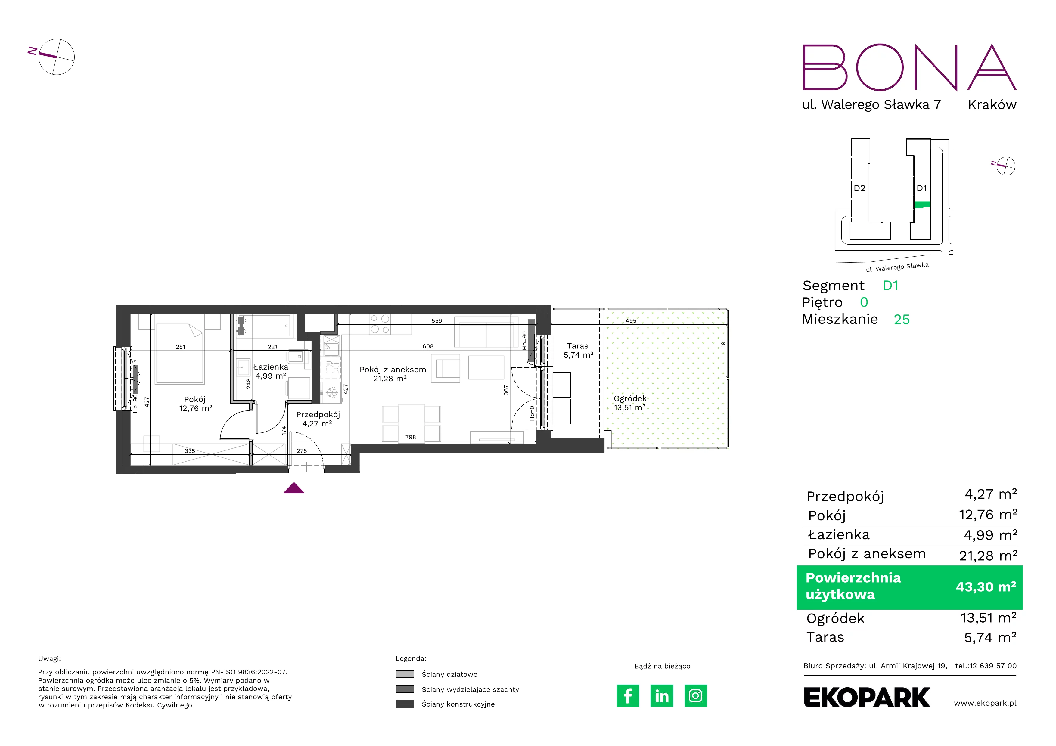 2 pokoje, mieszkanie 43,30 m², parter, oferta nr 25, BONA, Kraków, Podgórze Duchackie, ul. Walerego Sławka 7