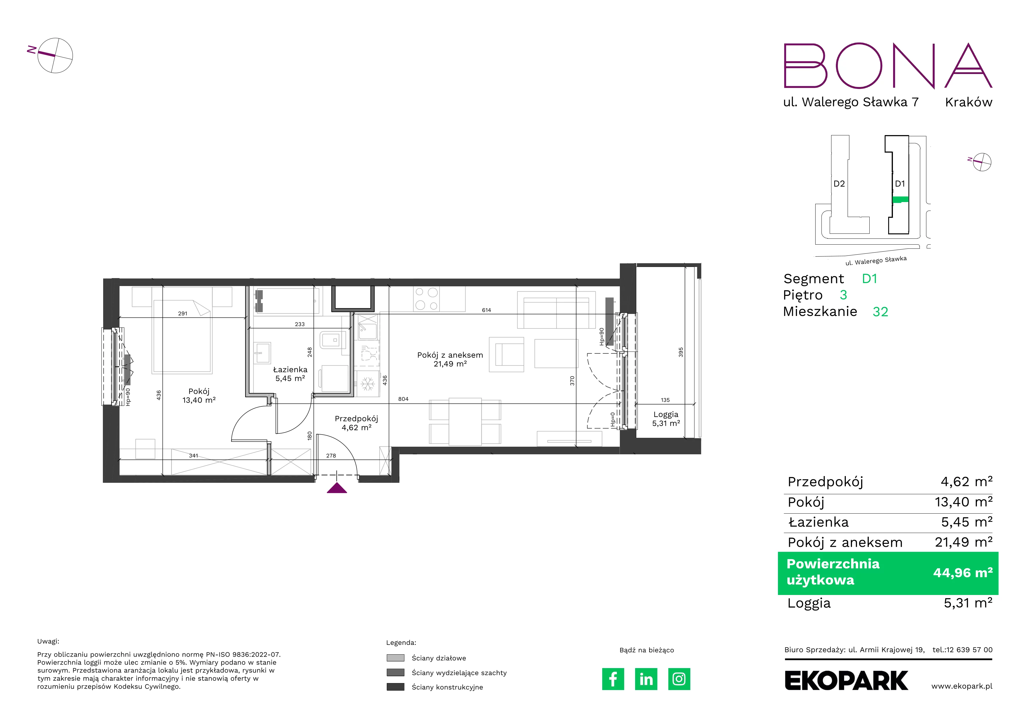 2 pokoje, mieszkanie 44,96 m², piętro 3, oferta nr 32, BONA, Kraków, Podgórze Duchackie, ul. Walerego Sławka 7