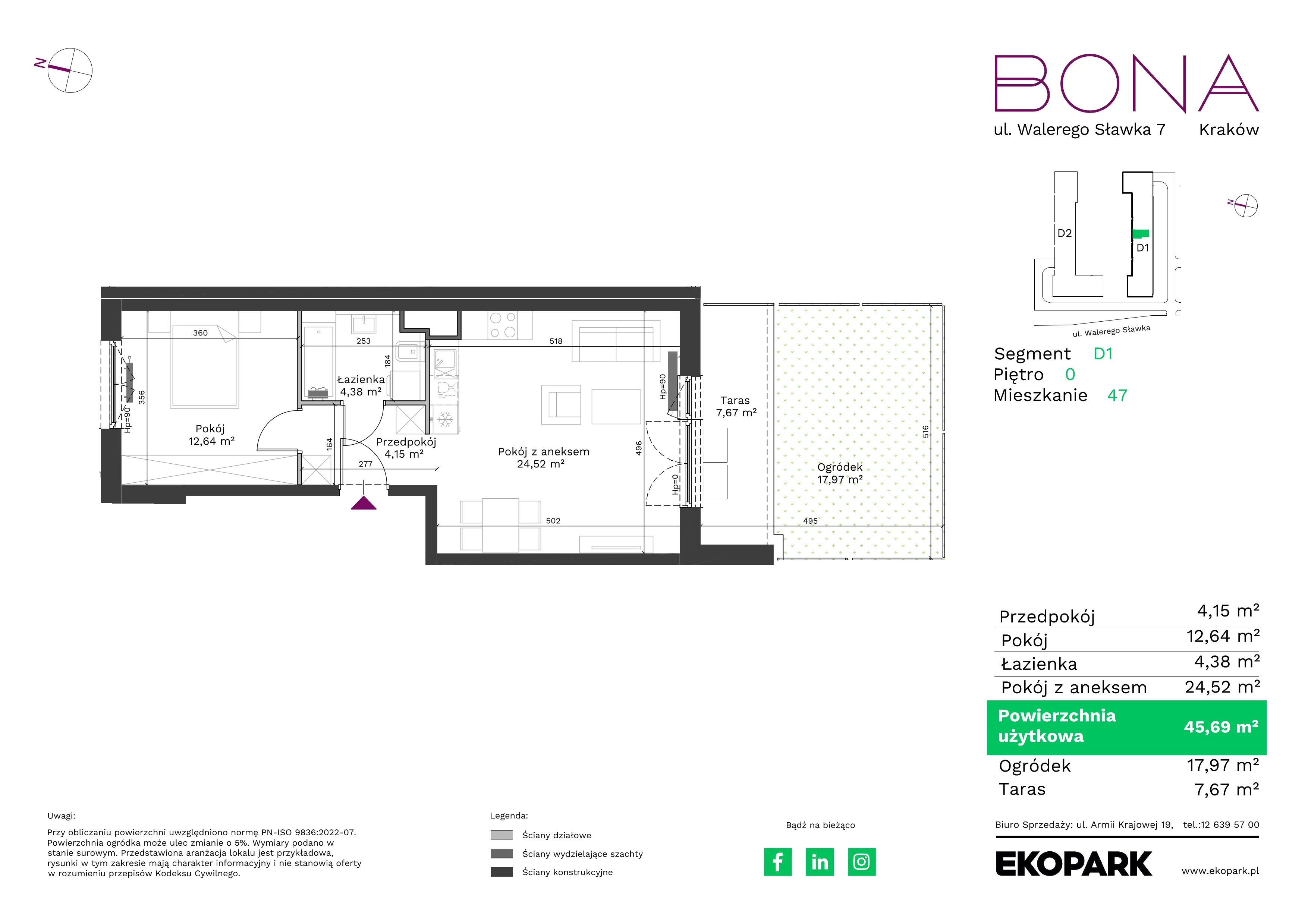 2 pokoje, mieszkanie 45,69 m², parter, oferta nr 47, BONA, Kraków, Podgórze Duchackie, ul. Walerego Sławka 7