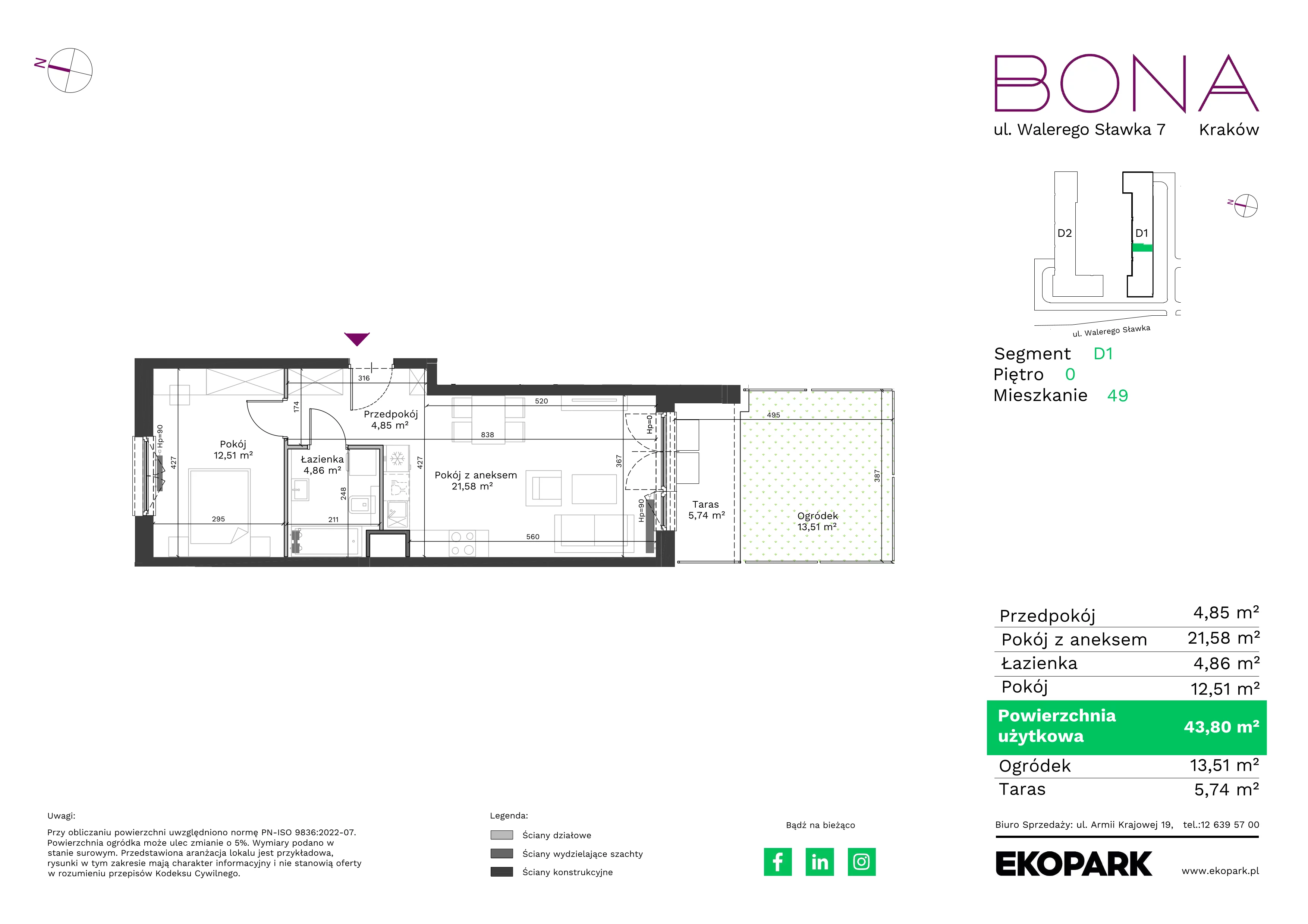 2 pokoje, mieszkanie 43,80 m², parter, oferta nr 49, BONA, Kraków, Podgórze Duchackie, ul. Walerego Sławka 7