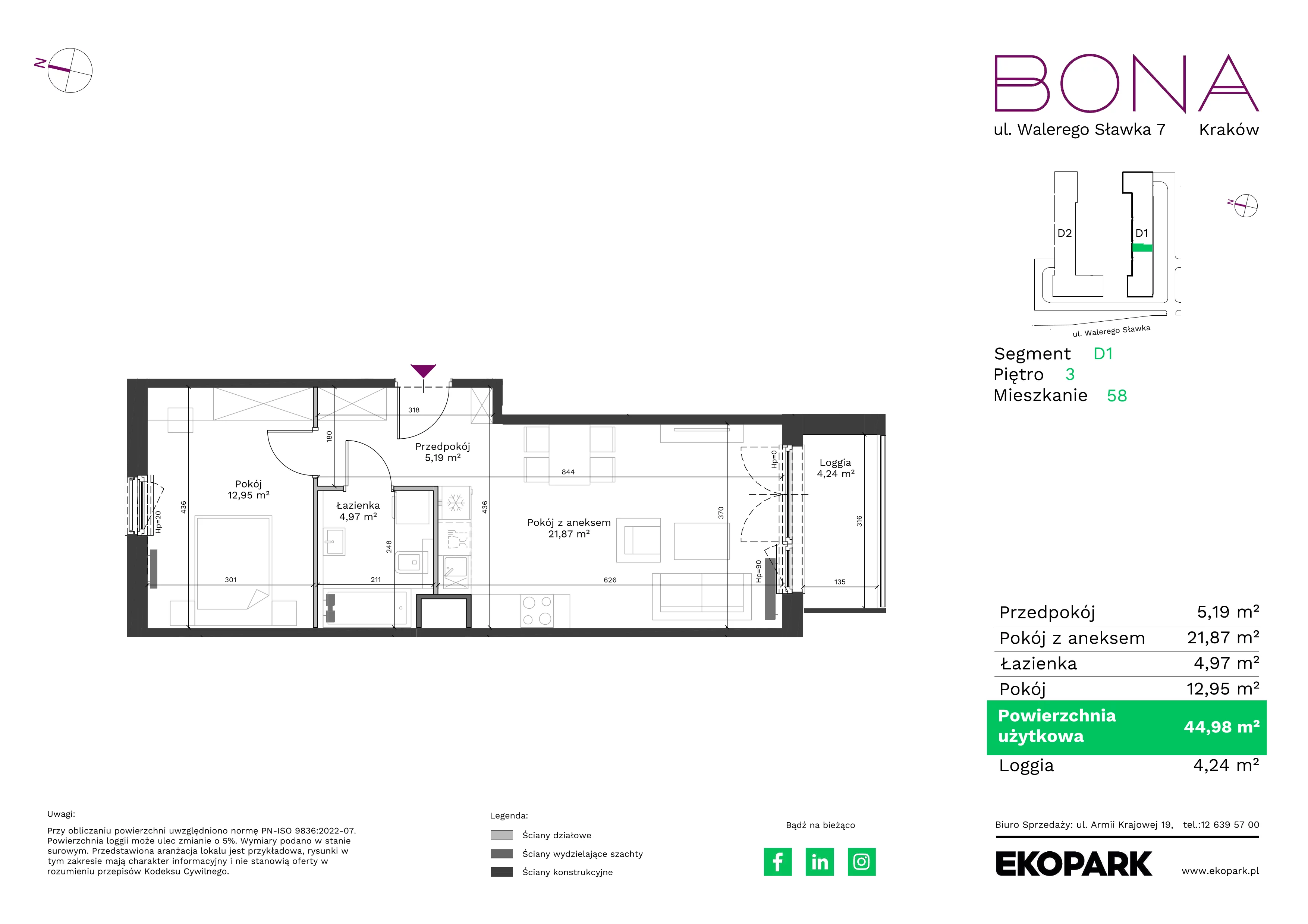 2 pokoje, mieszkanie 44,98 m², piętro 3, oferta nr 58, BONA, Kraków, Podgórze Duchackie, ul. Walerego Sławka 7
